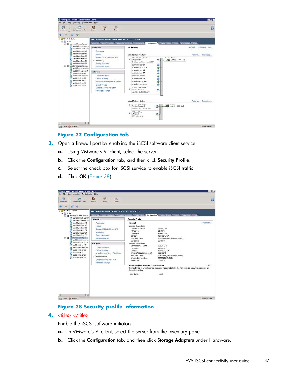 37 configuration tab, 38 security profile information | HP EVA Array iSCSI Connectivity Option User Manual | Page 87 / 229