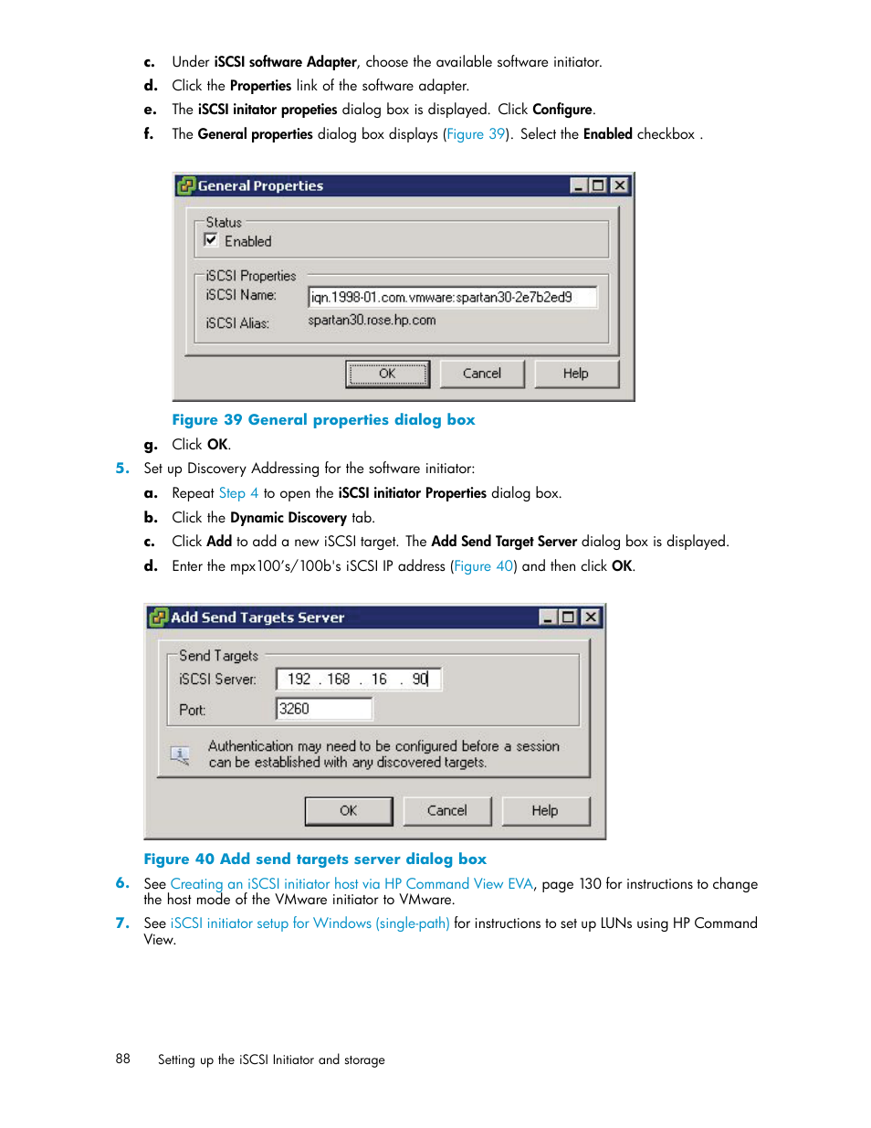 39 general properties dialog box, 40 add send targets server dialog box | HP EVA Array iSCSI Connectivity Option User Manual | Page 88 / 229