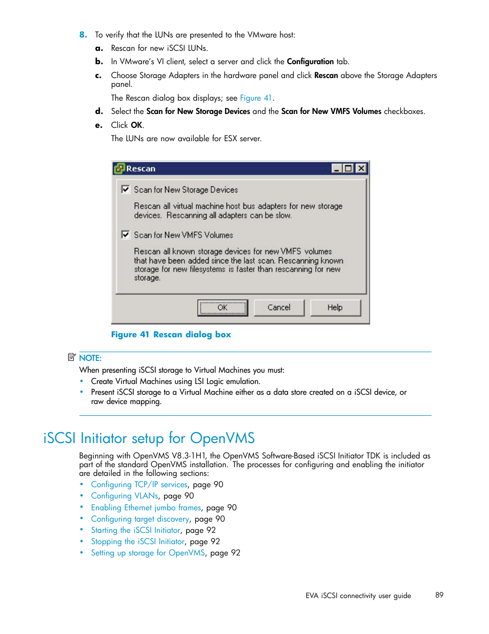 Iscsi initiator setup for openvms, 41 rescan dialog box | HP EVA Array iSCSI Connectivity Option User Manual | Page 89 / 229