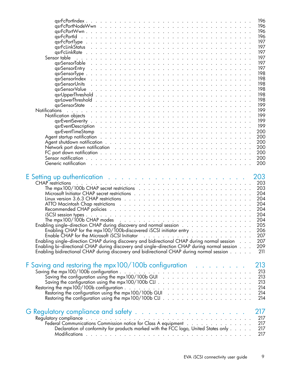 E setting up authentication, G regulatory compliance and safety | HP EVA Array iSCSI Connectivity Option User Manual | Page 9 / 229