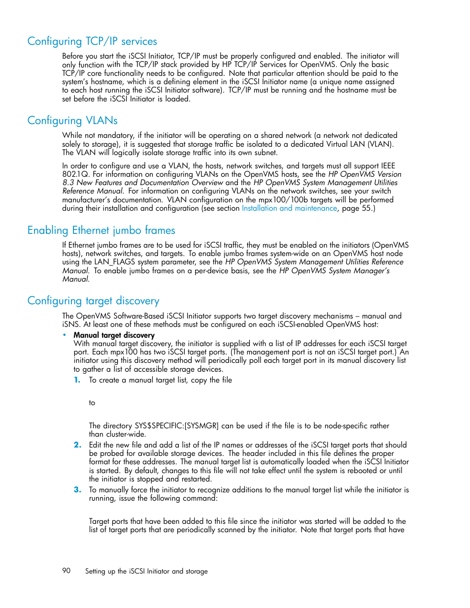 Configuring tcp/ip services, Configuring vlans, Enabling ethernet jumbo frames | Configuring target discovery | HP EVA Array iSCSI Connectivity Option User Manual | Page 90 / 229