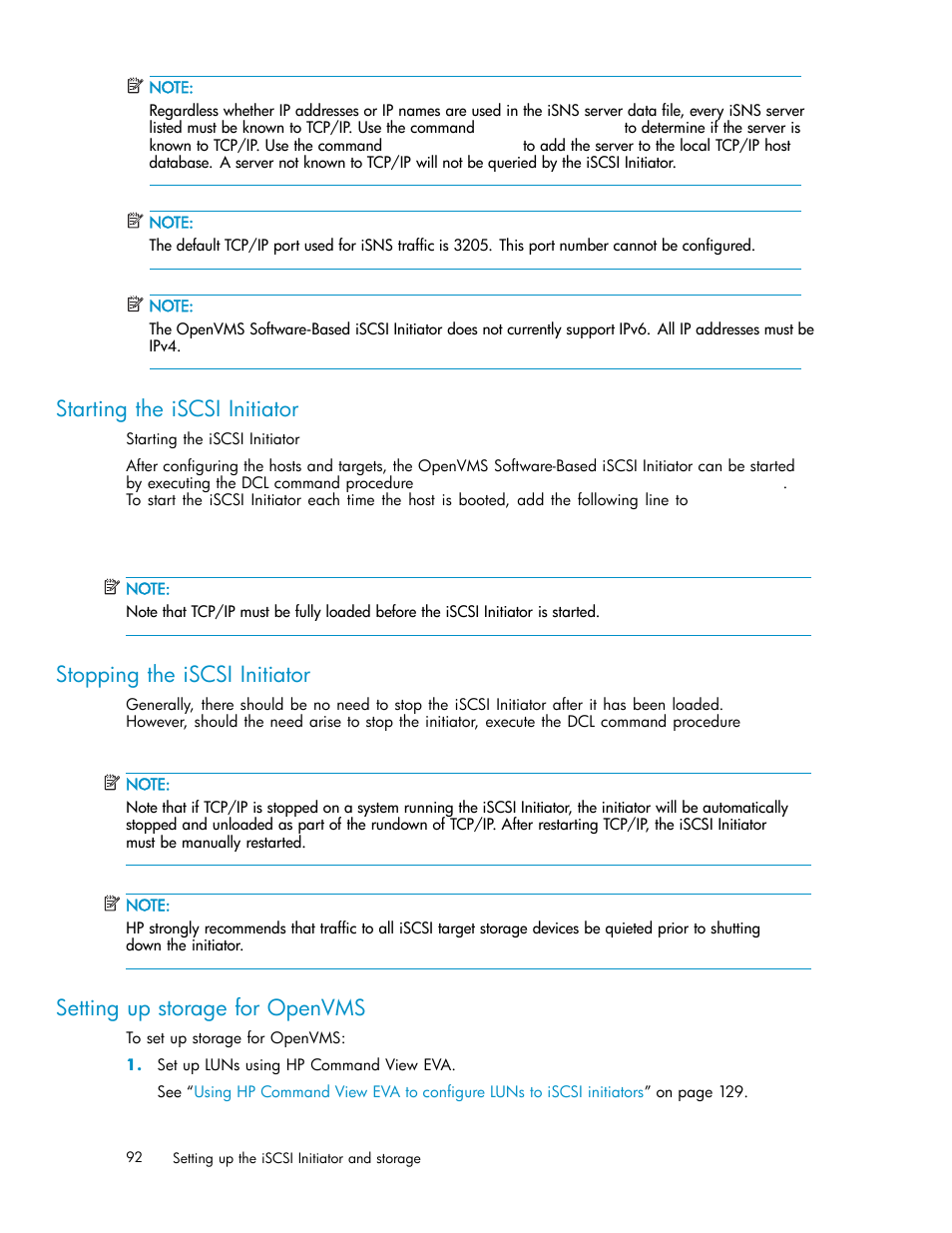 Starting the iscsi initiator, Stopping the iscsi initiator, Setting up storage for openvms | HP EVA Array iSCSI Connectivity Option User Manual | Page 92 / 229