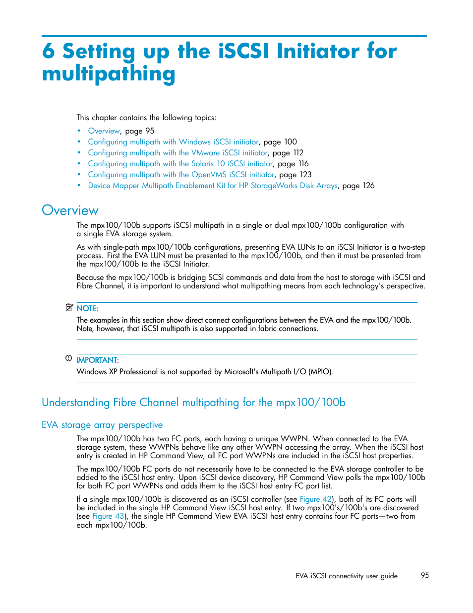 6 setting up the iscsi initiator for multipathing, Overview, Eva storage array perspective | HP EVA Array iSCSI Connectivity Option User Manual | Page 95 / 229