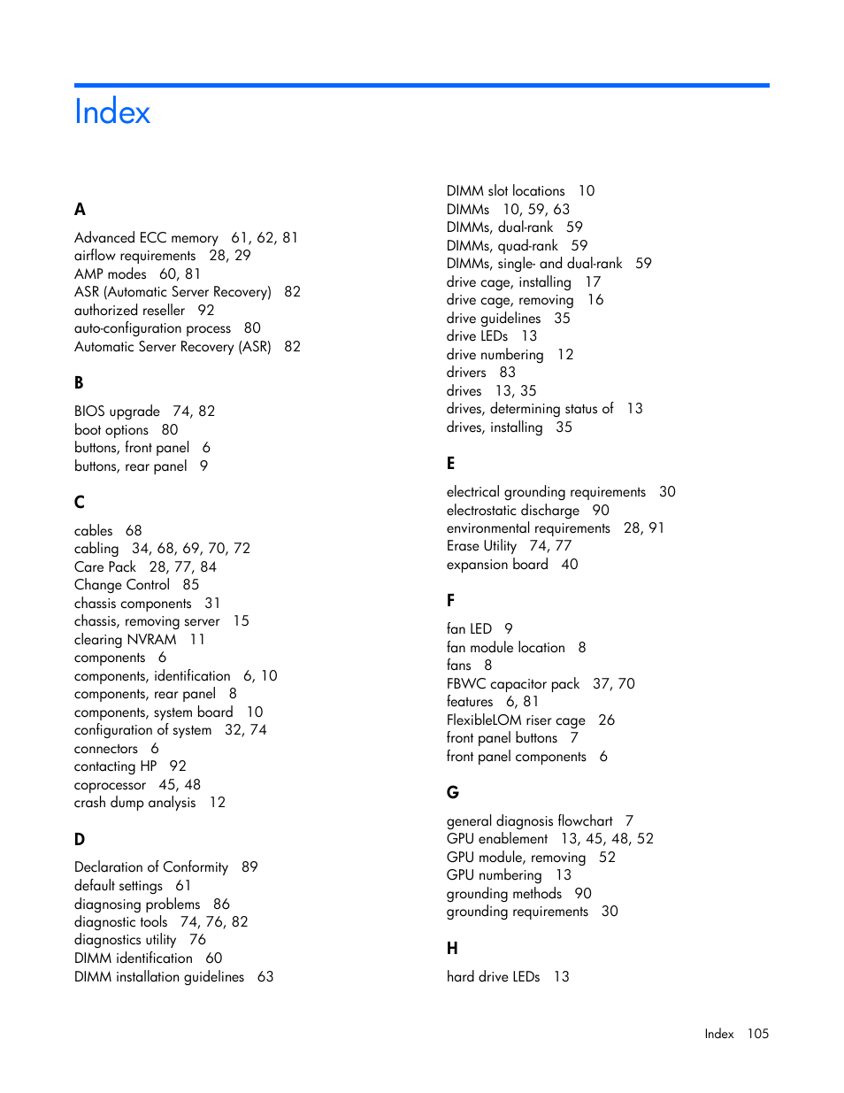 Index | HP ProLiant SL270s Gen8 SE Server User Manual | Page 105 / 107