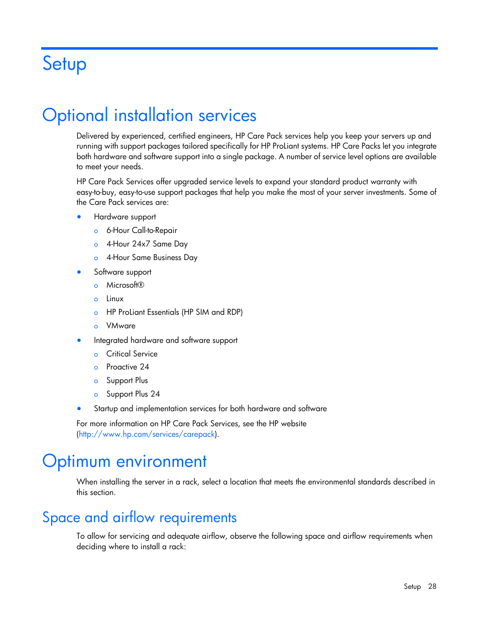 Setup, Optional installation services, Optimum environment | Space and airflow requirements | HP ProLiant SL270s Gen8 SE Server User Manual | Page 28 / 107