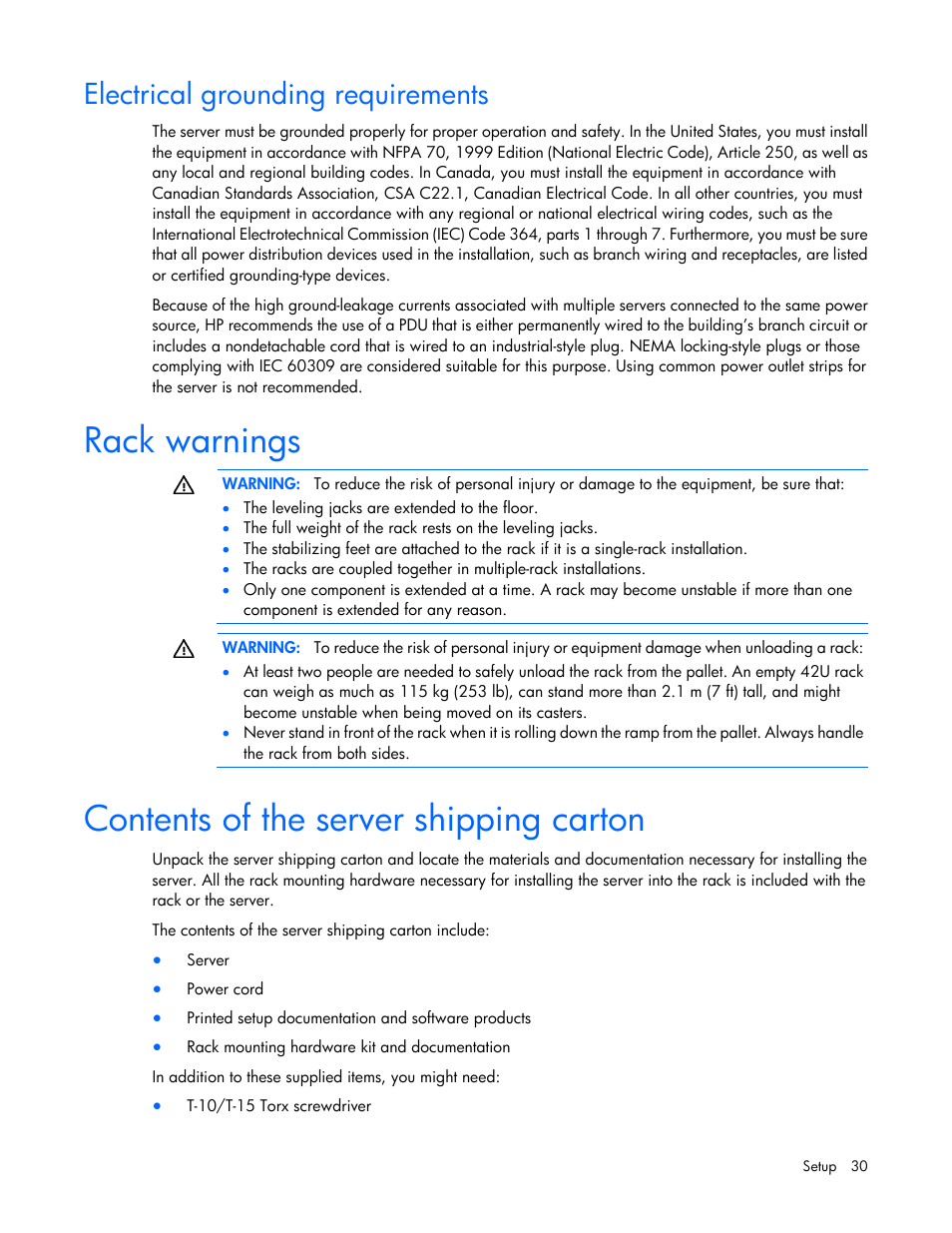 Electrical grounding requirements, Rack warnings, Contents of the server shipping carton | HP ProLiant SL270s Gen8 SE Server User Manual | Page 30 / 107