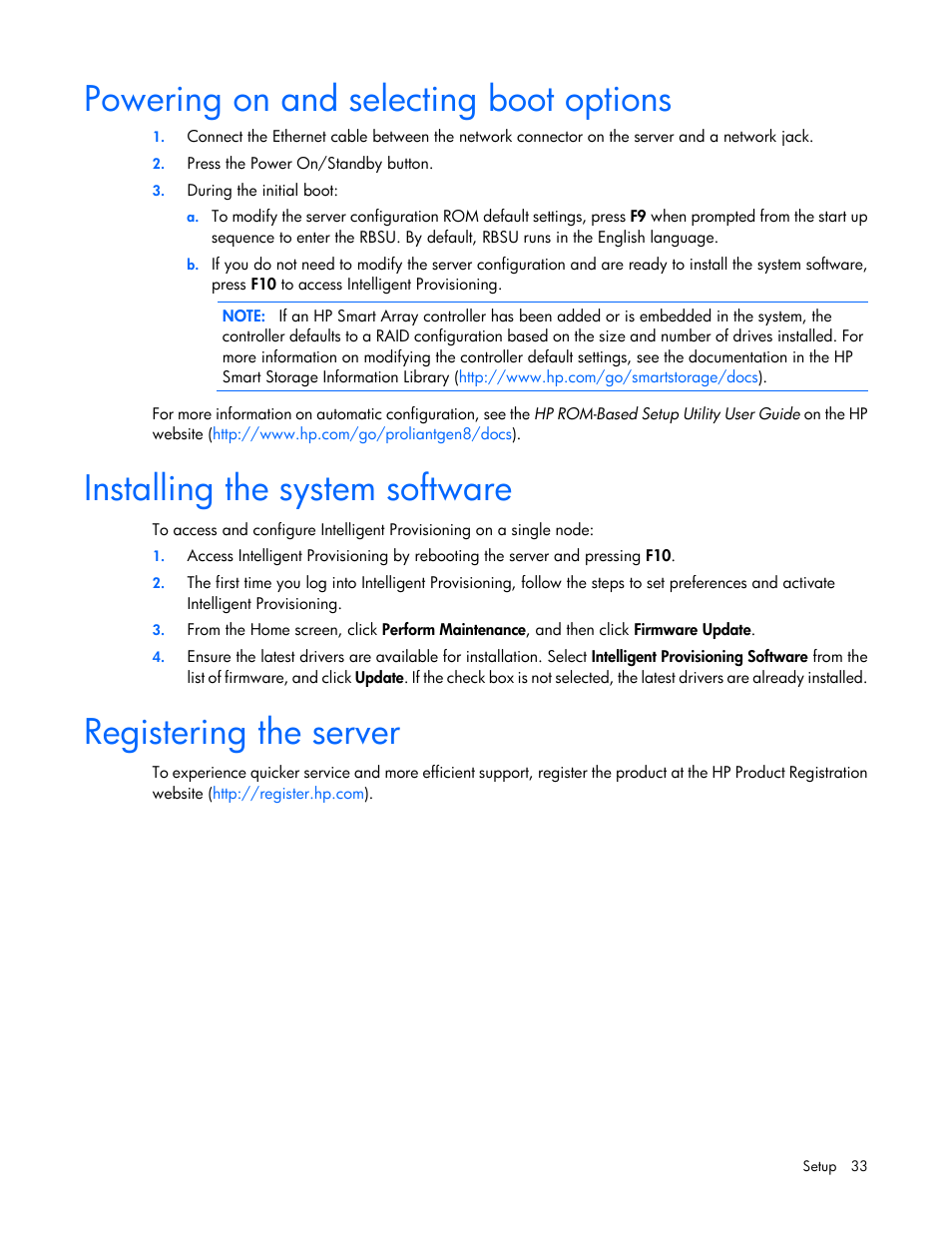 Powering on and selecting boot options, Installing the system software, Registering the server | HP ProLiant SL270s Gen8 SE Server User Manual | Page 33 / 107