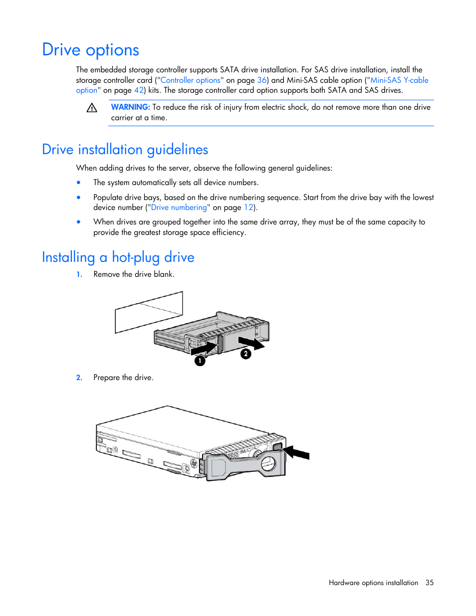 Drive options, Drive installation guidelines, Installing a hot-plug drive | HP ProLiant SL270s Gen8 SE Server User Manual | Page 35 / 107