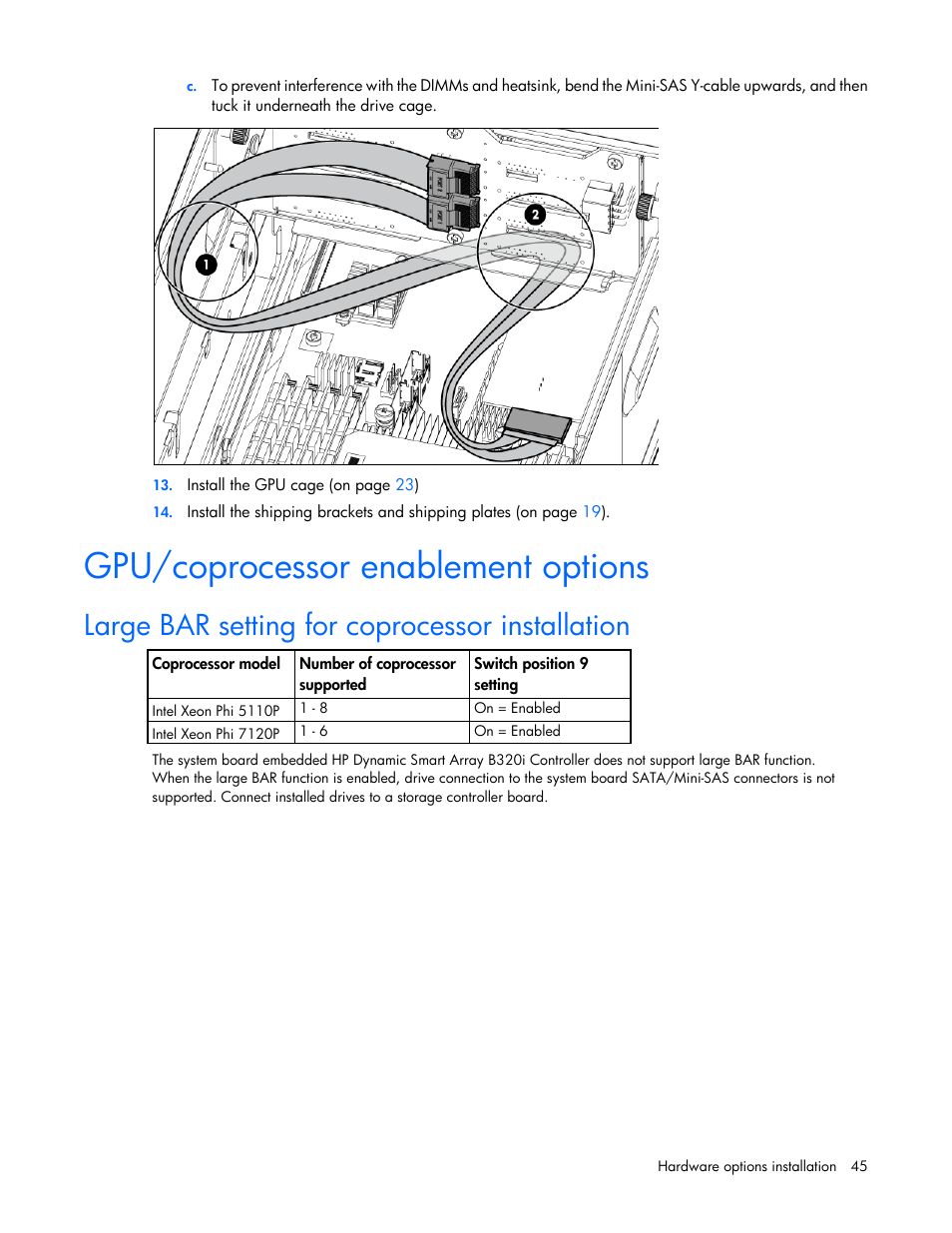 Gpu/coprocessor enablement options, Large bar setting for coprocessor installation | HP ProLiant SL270s Gen8 SE Server User Manual | Page 45 / 107