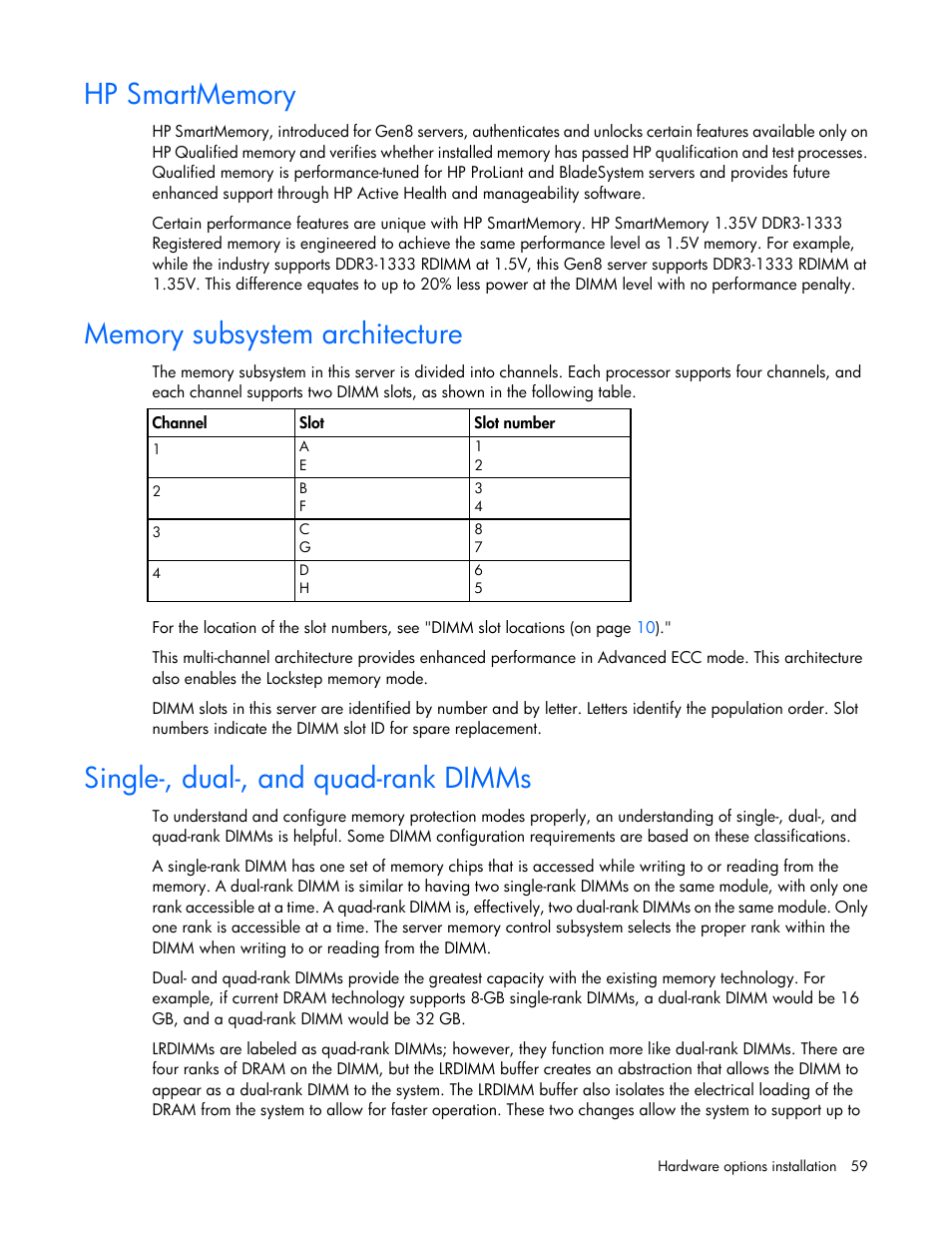 Hp smartmemory, Memory subsystem architecture, Single-, dual-, and quad-rank dimms | HP ProLiant SL270s Gen8 SE Server User Manual | Page 59 / 107