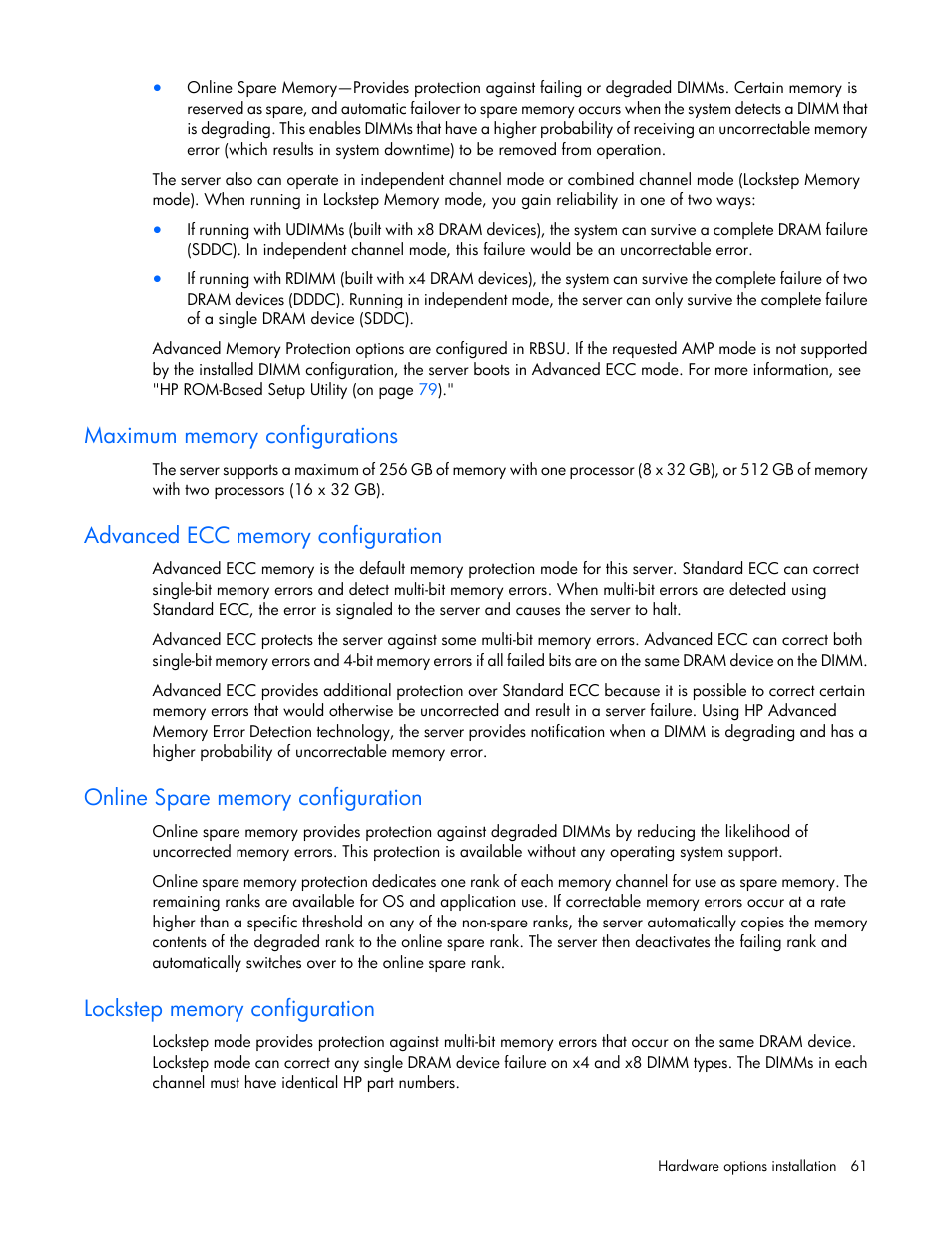 Maximum memory configurations, Advanced ecc memory configuration, Online spare memory configuration | Lockstep memory configuration | HP ProLiant SL270s Gen8 SE Server User Manual | Page 61 / 107