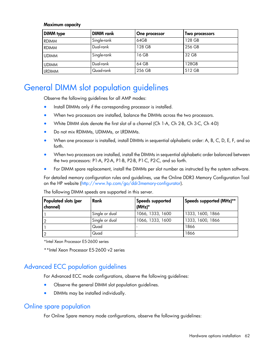 General dimm slot population guidelines, Advanced ecc population guidelines, Online spare population | HP ProLiant SL270s Gen8 SE Server User Manual | Page 62 / 107