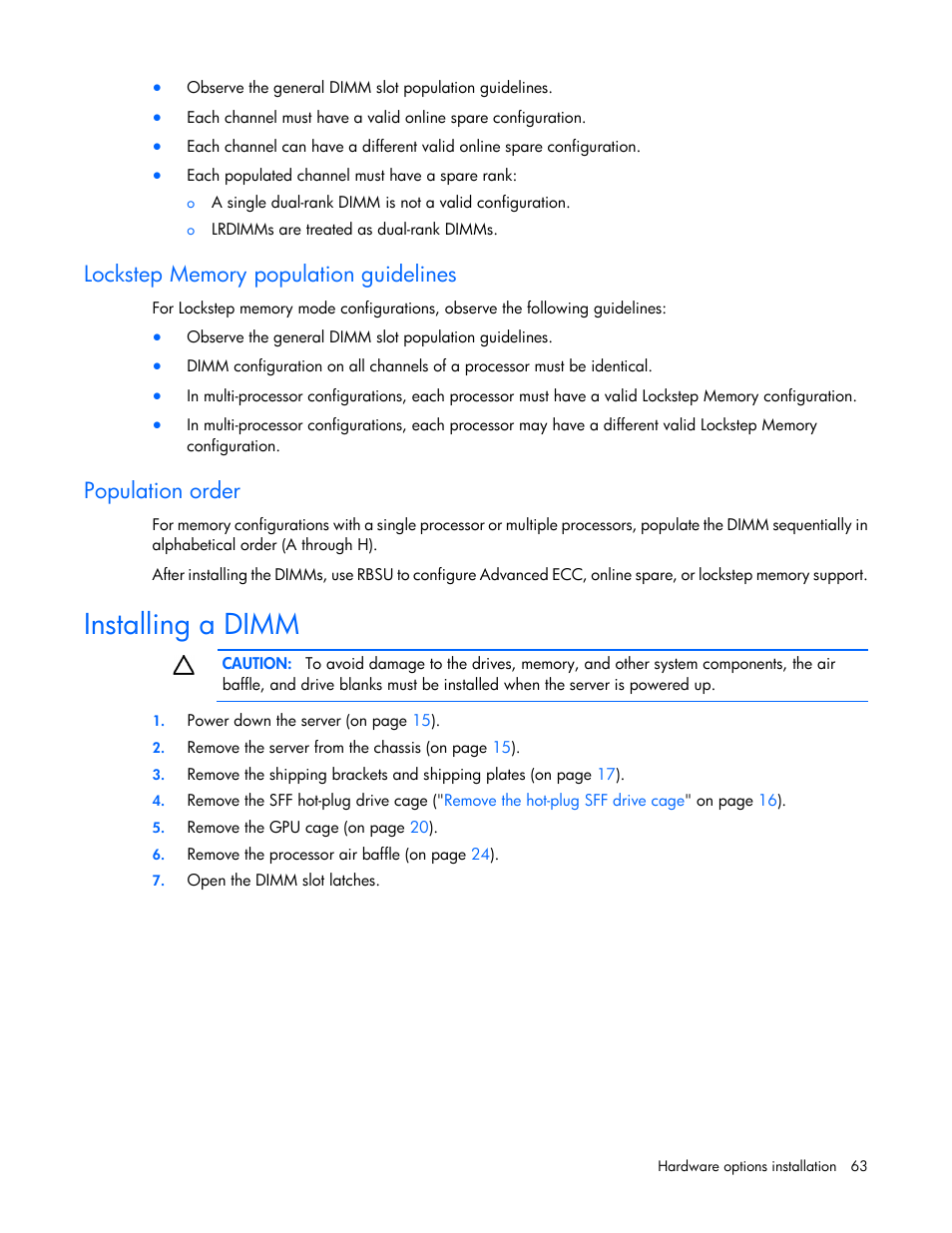 Lockstep memory population guidelines, Population order, Installing a dimm | HP ProLiant SL270s Gen8 SE Server User Manual | Page 63 / 107