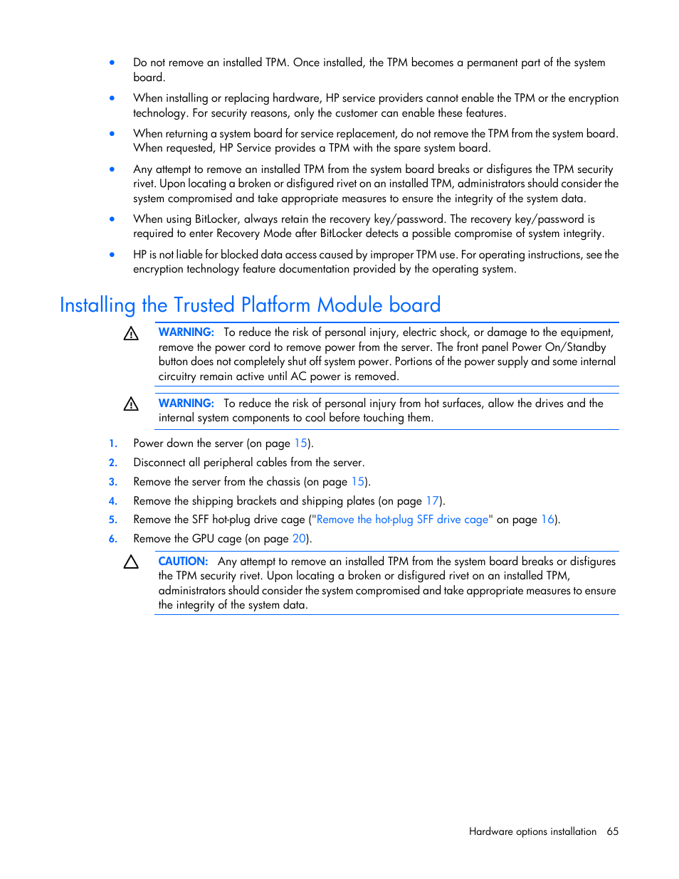 Installing the trusted platform module board | HP ProLiant SL270s Gen8 SE Server User Manual | Page 65 / 107