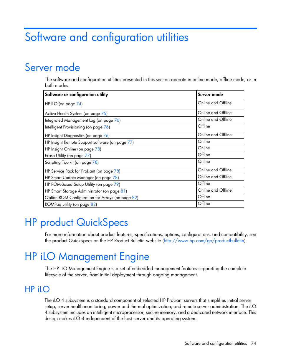 Software and configuration utilities, Server mode, Hp product quickspecs | Hp ilo management engine, Hp ilo | HP ProLiant SL270s Gen8 SE Server User Manual | Page 74 / 107