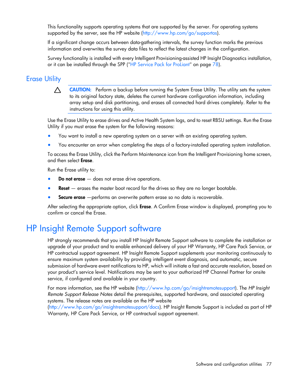 Erase utility, Hp insight remote support software | HP ProLiant SL270s Gen8 SE Server User Manual | Page 77 / 107