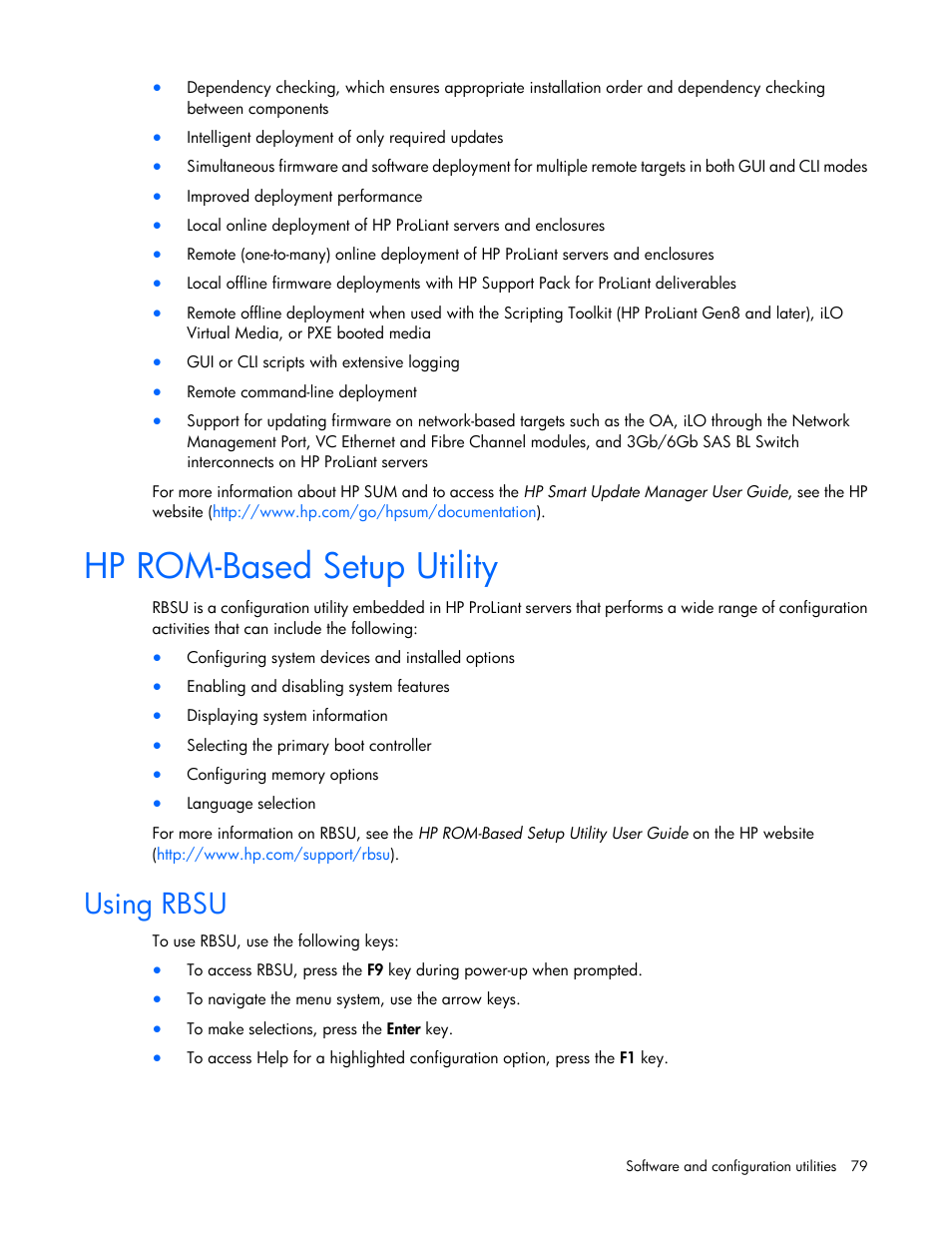 Hp rom-based setup utility, Using rbsu | HP ProLiant SL270s Gen8 SE Server User Manual | Page 79 / 107