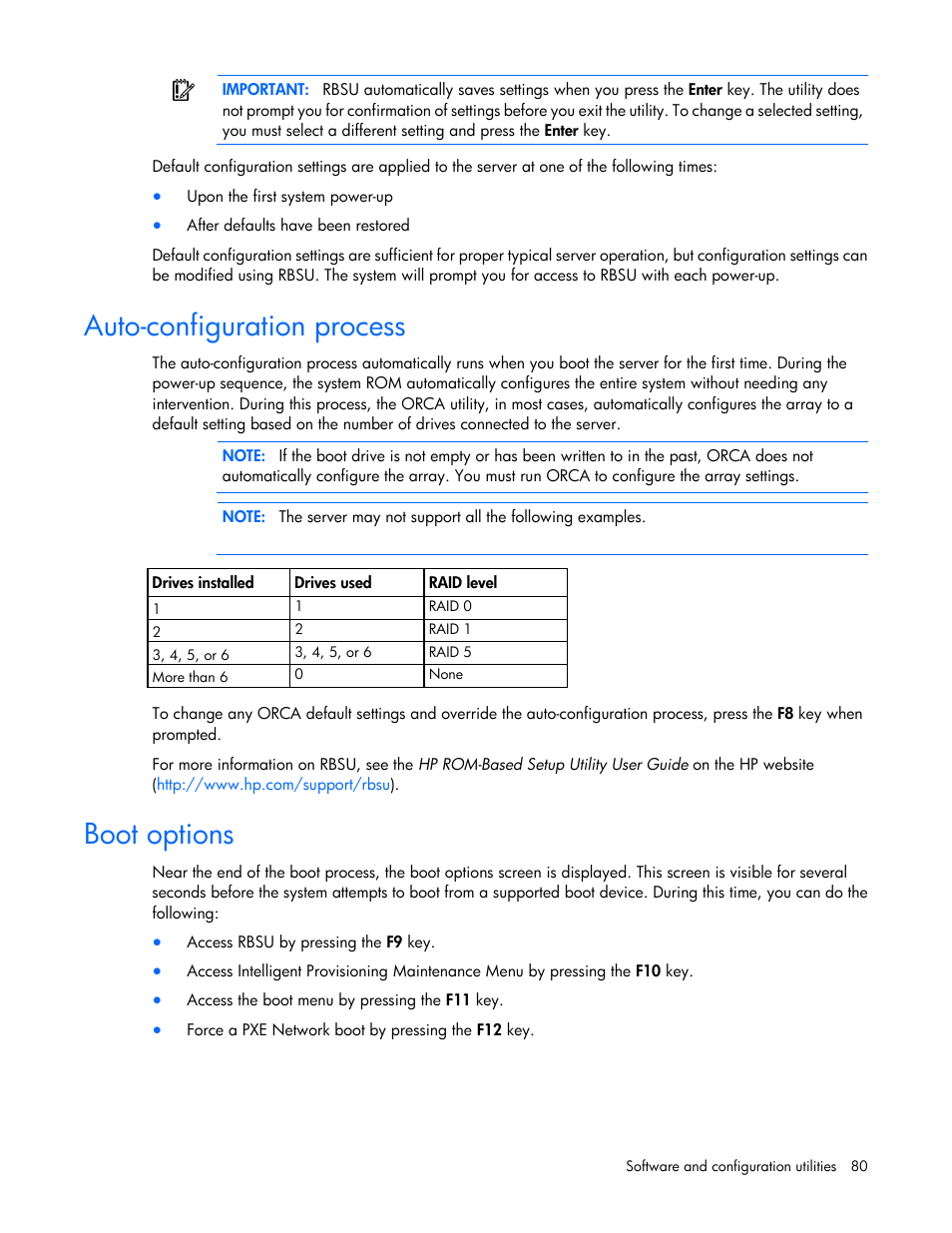 Auto-configuration process, Boot options | HP ProLiant SL270s Gen8 SE Server User Manual | Page 80 / 107