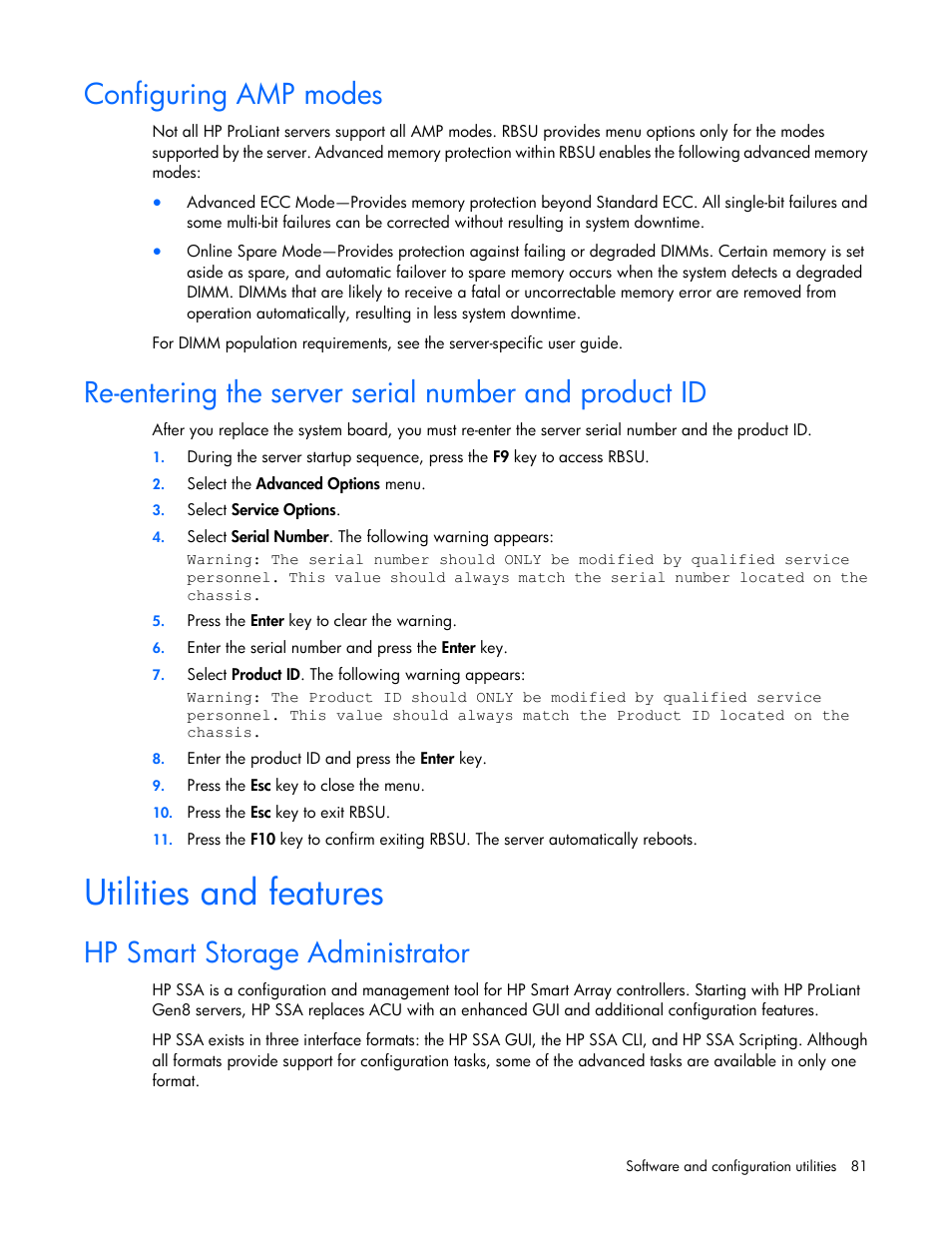 Configuring amp modes, Utilities and features, Hp smart storage administrator | HP ProLiant SL270s Gen8 SE Server User Manual | Page 81 / 107