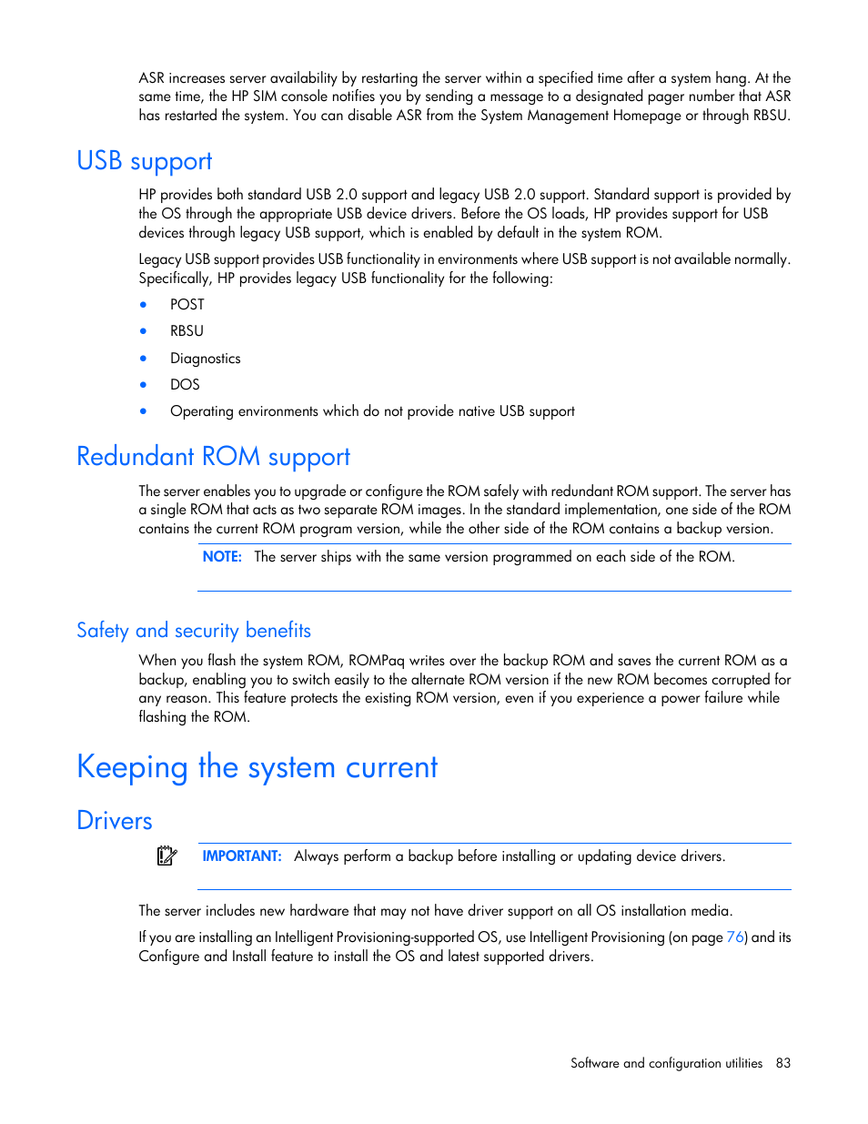 Usb support, Redundant rom support, Safety and security benefits | Keeping the system current, Drivers | HP ProLiant SL270s Gen8 SE Server User Manual | Page 83 / 107