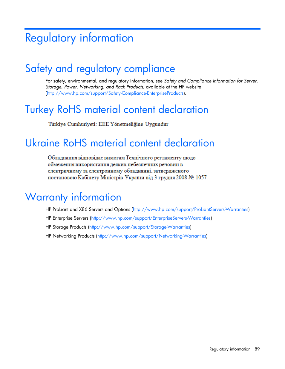 Regulatory information, Safety and regulatory compliance, Turkey rohs material content declaration | Ukraine rohs material content declaration, Warranty information | HP ProLiant SL270s Gen8 SE Server User Manual | Page 89 / 107