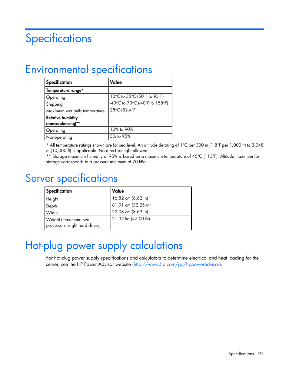 Specifications, Environmental specifications, Server specifications | Hot-plug power supply calculations | HP ProLiant SL270s Gen8 SE Server User Manual | Page 91 / 107