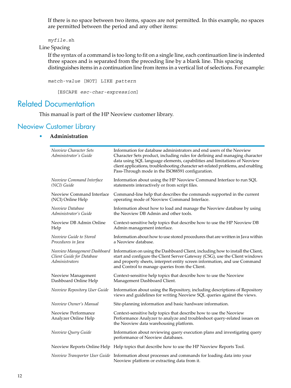 Related documentation, Neoview customer library | HP Neoview Release 2.3 Software User Manual | Page 12 / 74