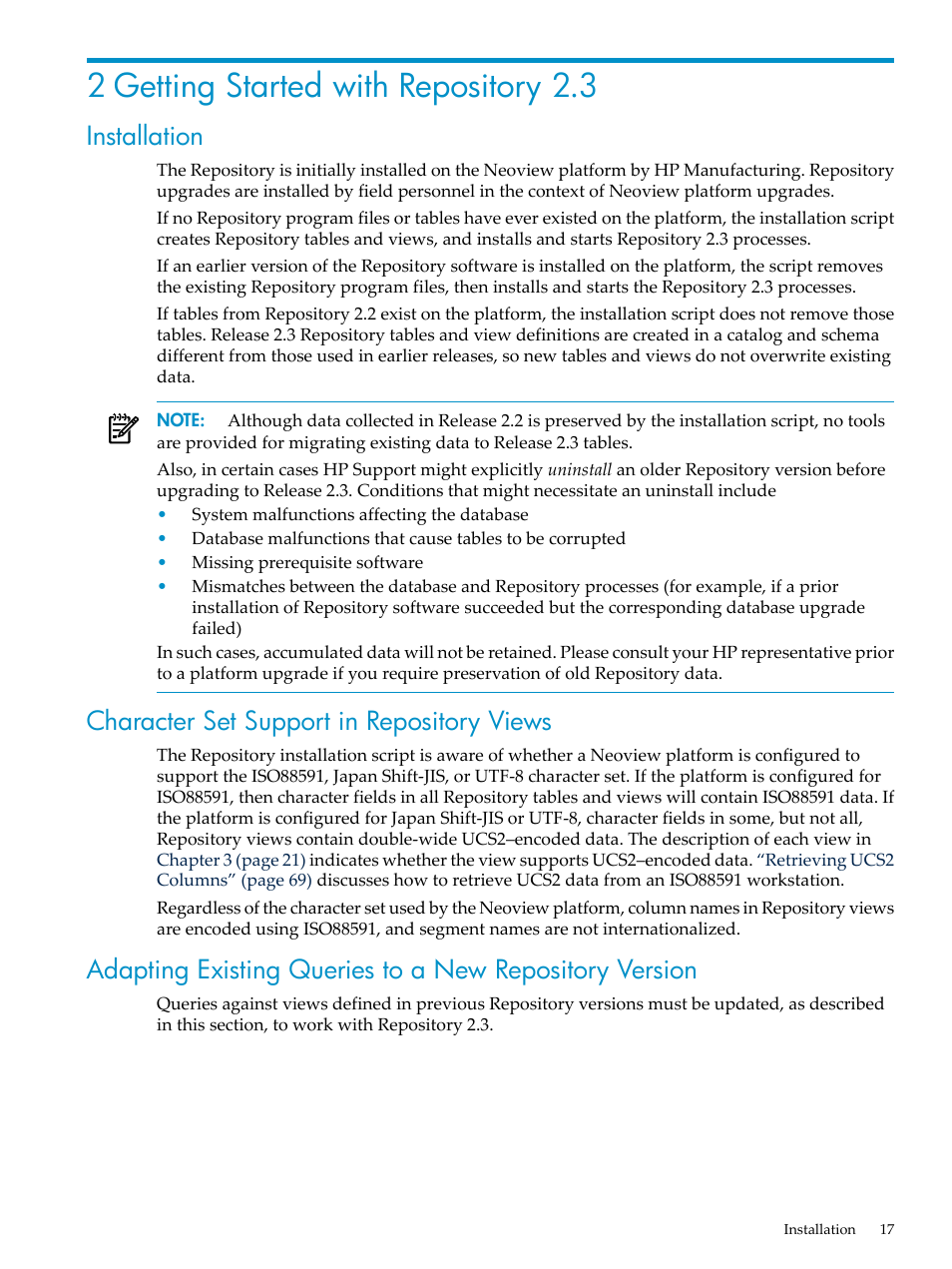 2 getting started with repository 2.3, Installation, Character set support in repository views | Chapter 2: getting started with repository 2.3 | HP Neoview Release 2.3 Software User Manual | Page 17 / 74