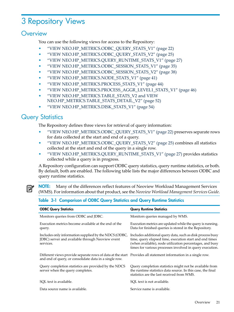 3 repository views, Overview, Query statistics | Overview query statistics, Chapter 3: repository views | HP Neoview Release 2.3 Software User Manual | Page 21 / 74