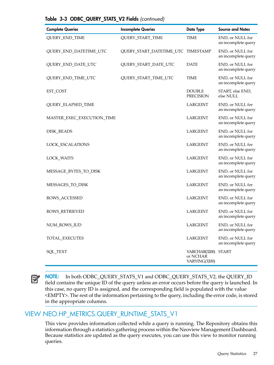 View neo.hp_metrics.query_runtime_stats_v1 | HP Neoview Release 2.3 Software User Manual | Page 27 / 74