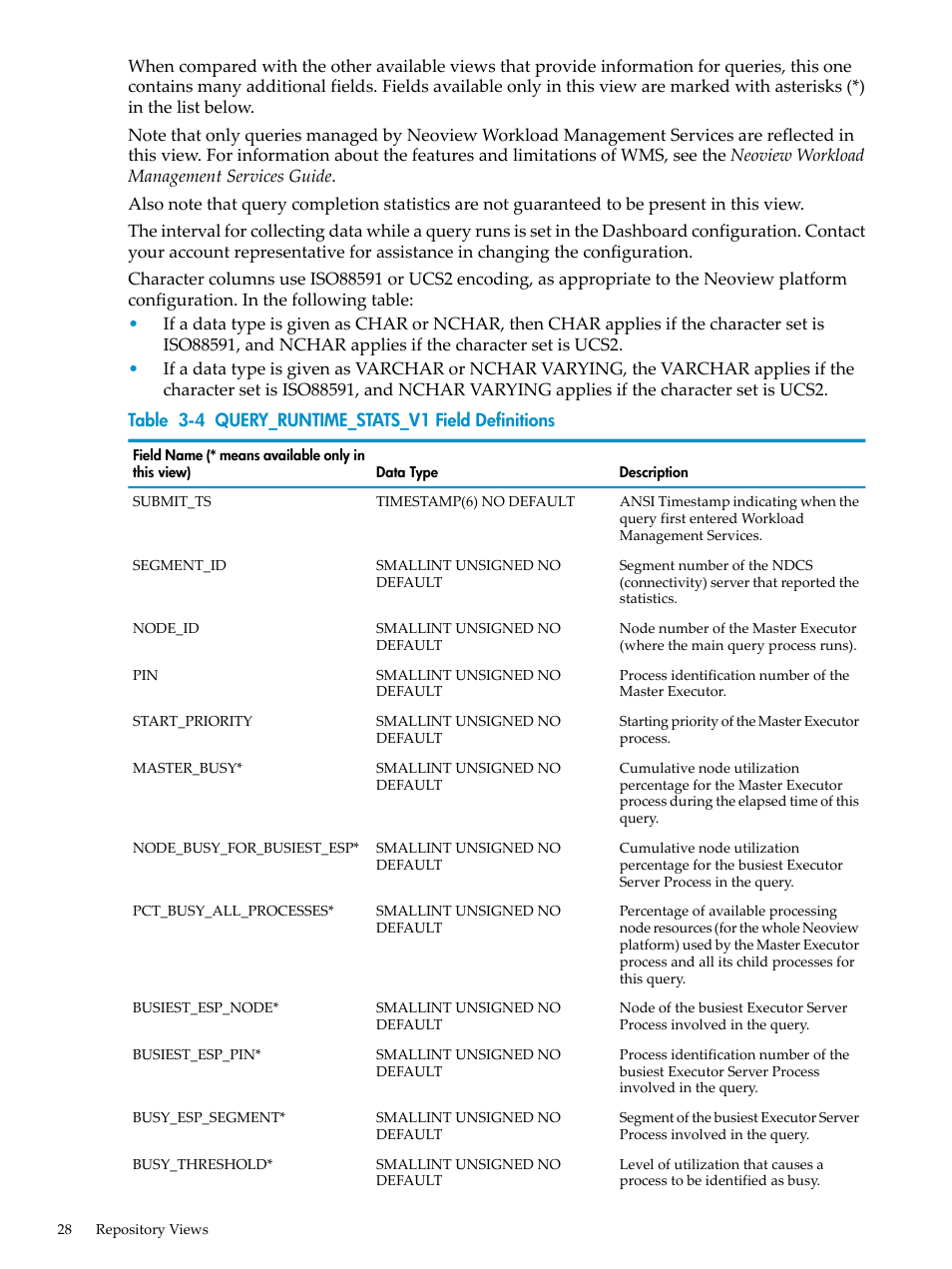 Query_runtime_stats_v1 field definitions | HP Neoview Release 2.3 Software User Manual | Page 28 / 74