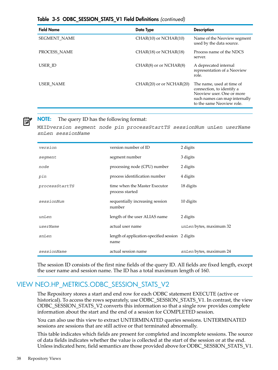 View neo.hp_metrics.odbc_session_stats_v2 | HP Neoview Release 2.3 Software User Manual | Page 38 / 74