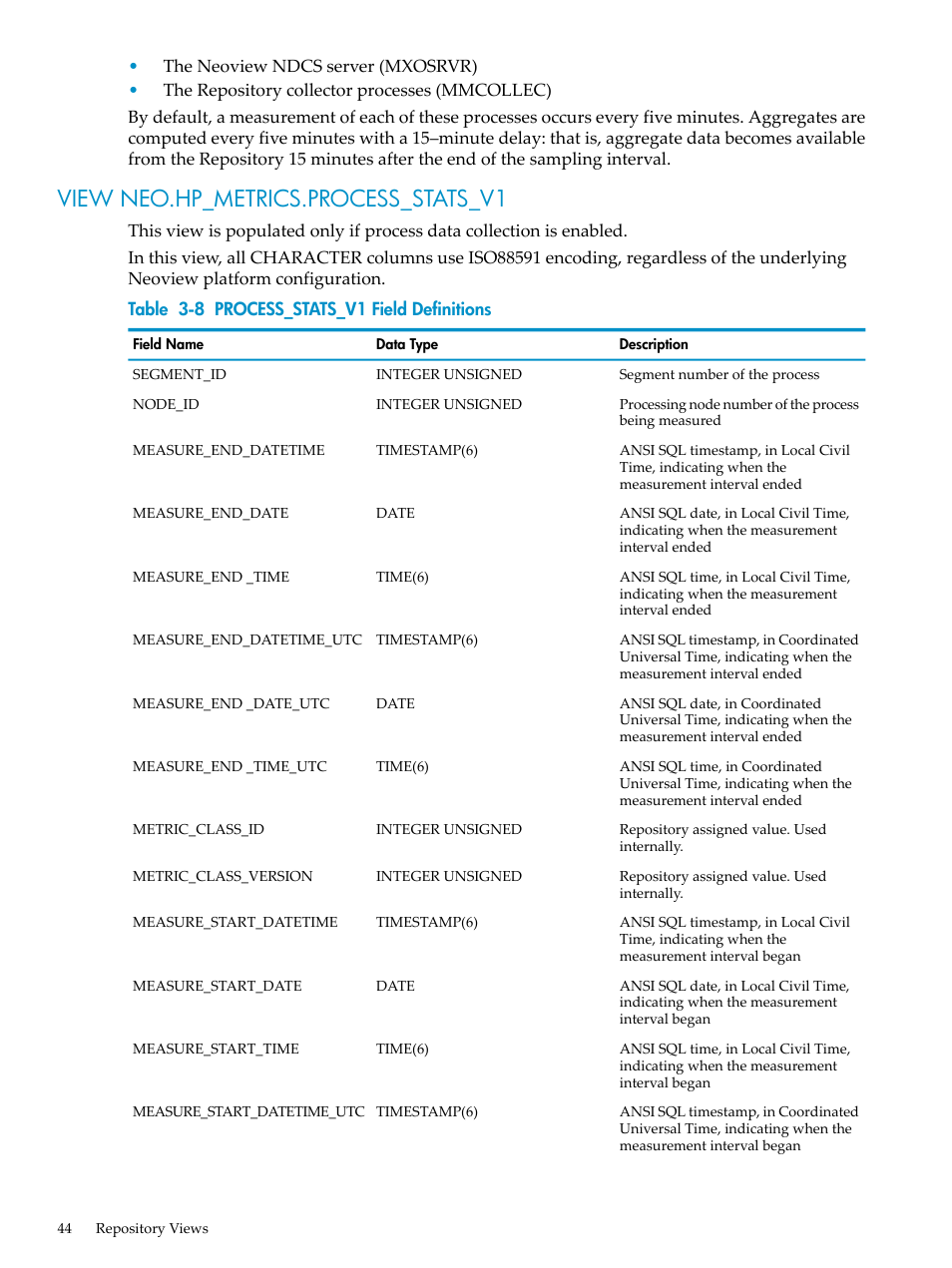 View neo.hp_metrics.process_stats_v1, Process_stats_v1 field definitions | HP Neoview Release 2.3 Software User Manual | Page 44 / 74