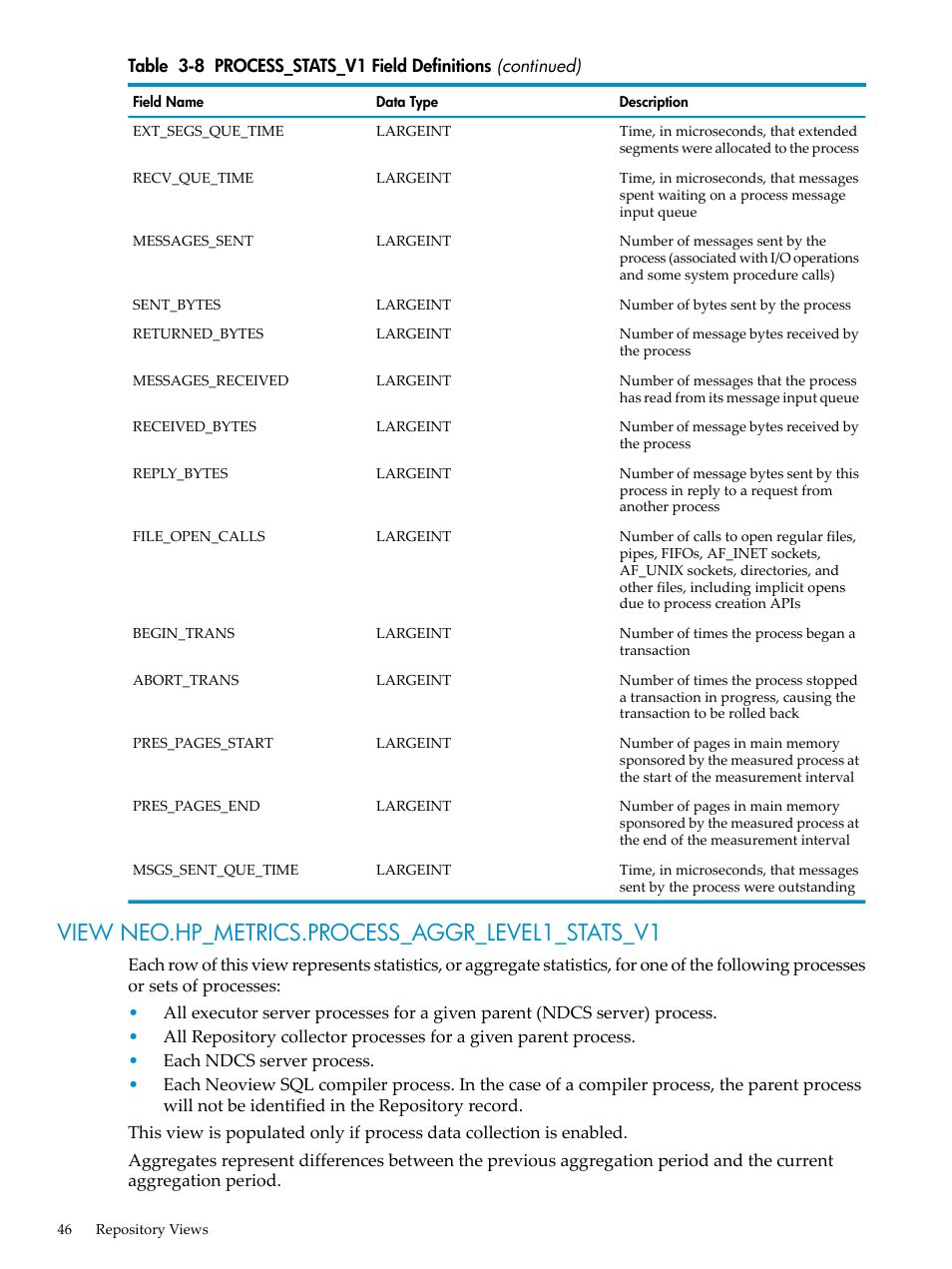 View neo.hp_metrics.process_aggr_level1_stats_v1 | HP Neoview Release 2.3 Software User Manual | Page 46 / 74