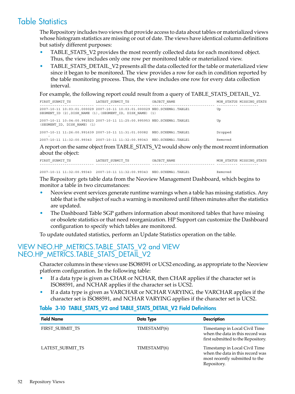 Table statistics | HP Neoview Release 2.3 Software User Manual | Page 52 / 74