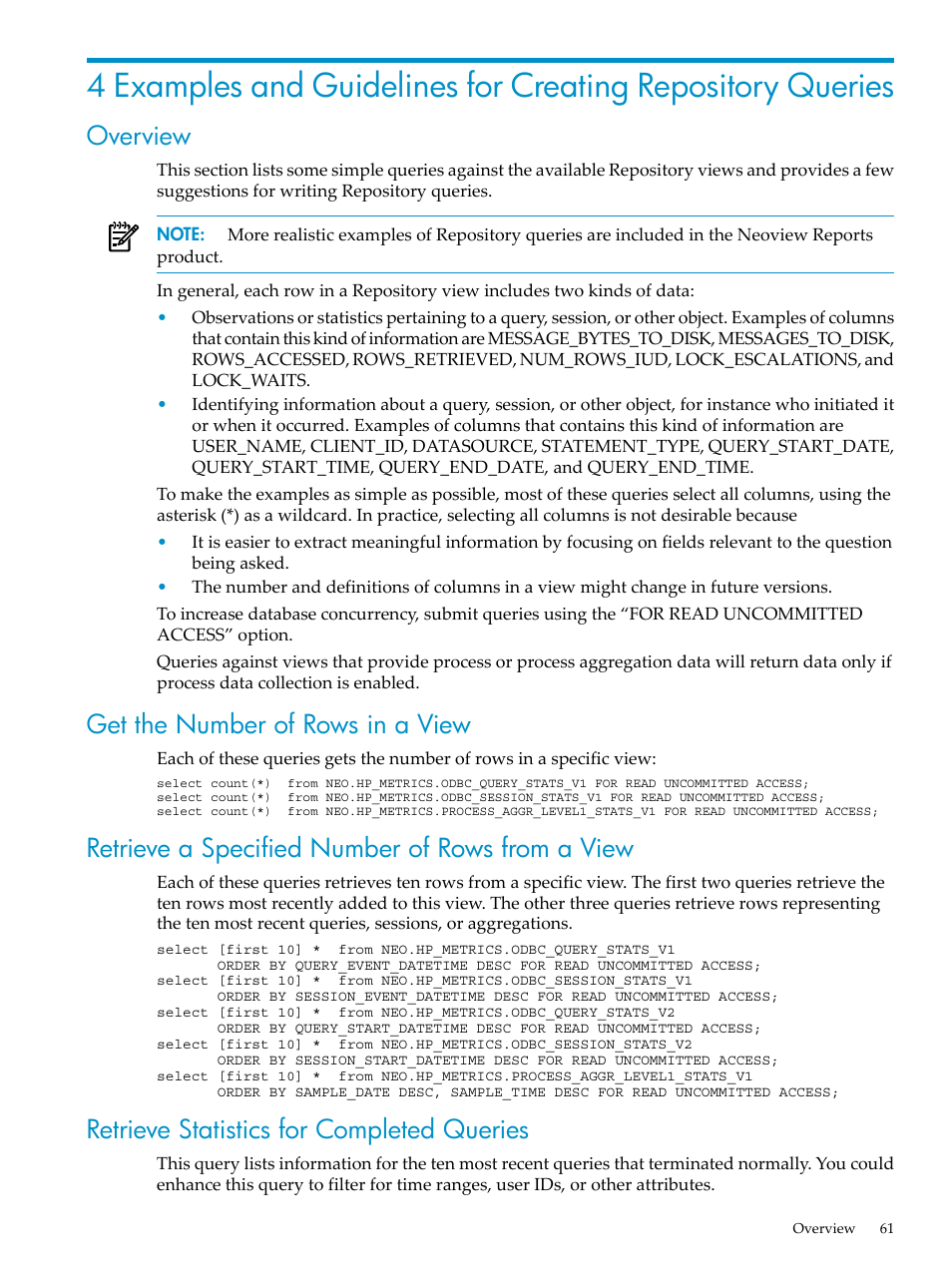 Overview, Get the number of rows in a view, Retrieve a specified number of rows from a view | Retrieve statistics for completed queries | HP Neoview Release 2.3 Software User Manual | Page 61 / 74