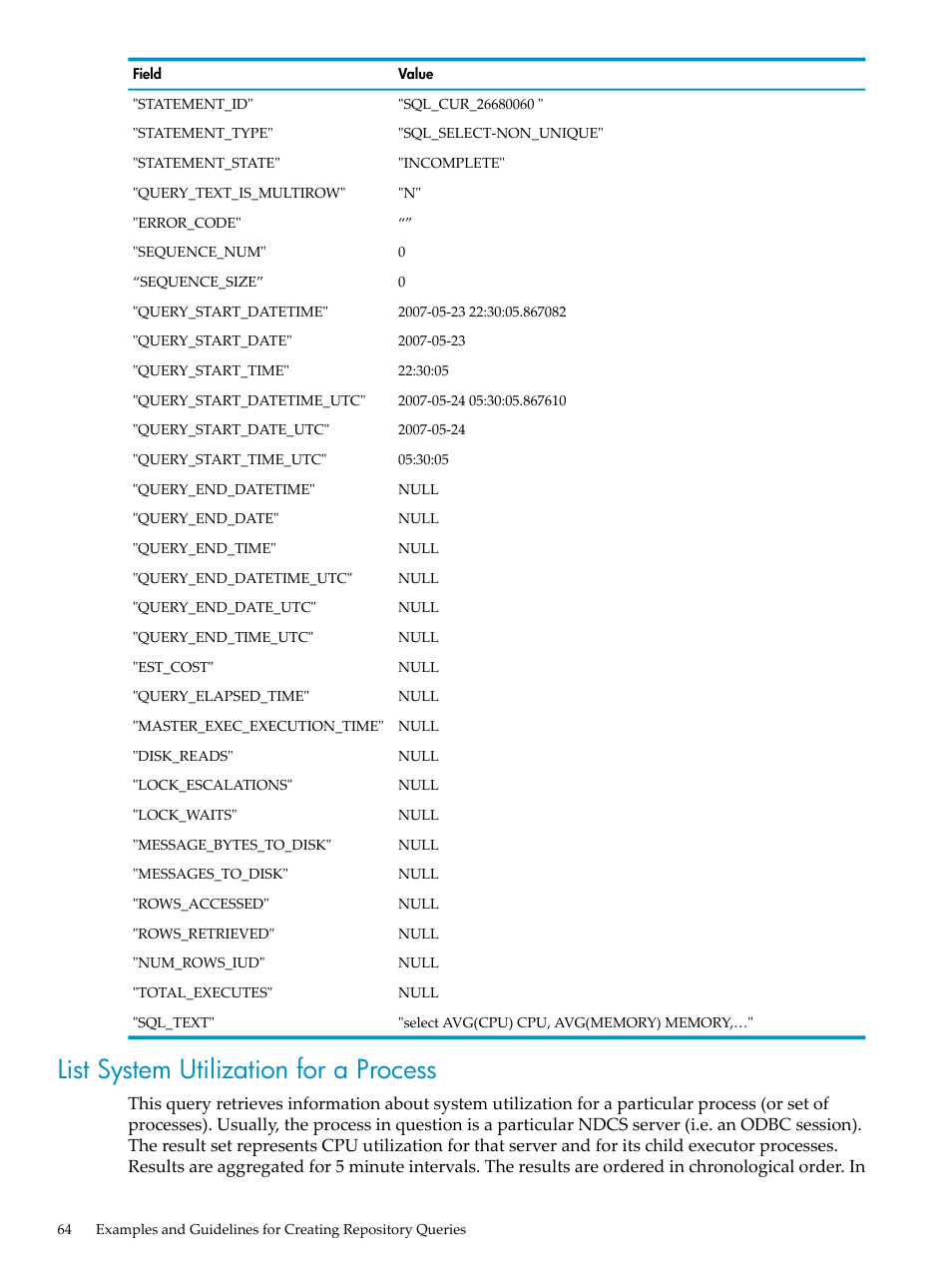 List system utilization for a process | HP Neoview Release 2.3 Software User Manual | Page 64 / 74