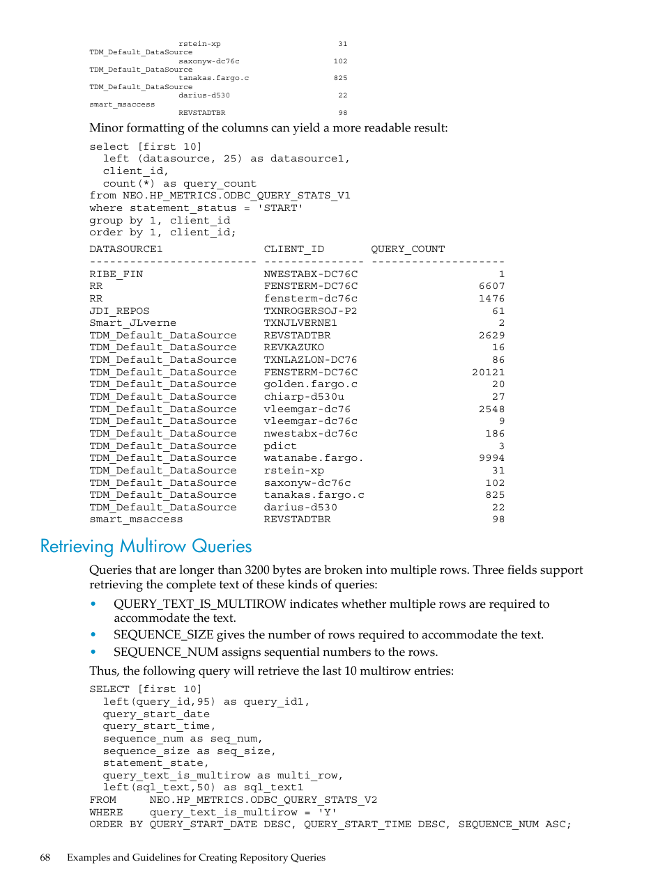 Retrieving multirow queries | HP Neoview Release 2.3 Software User Manual | Page 68 / 74