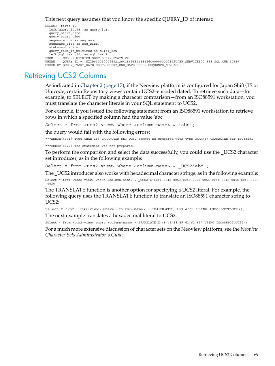 Retrieving ucs2 columns | HP Neoview Release 2.3 Software User Manual | Page 69 / 74