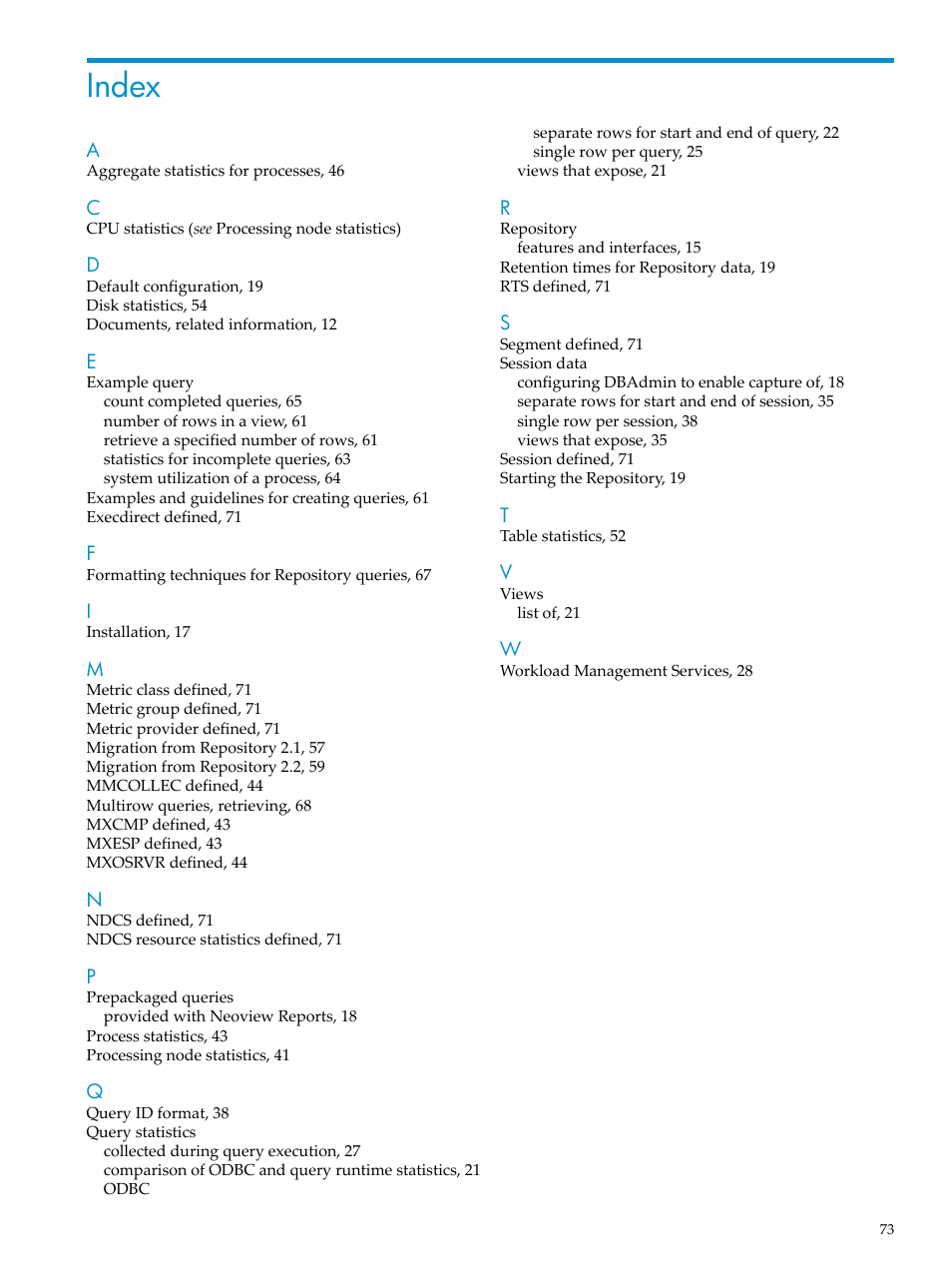 Index | HP Neoview Release 2.3 Software User Manual | Page 73 / 74