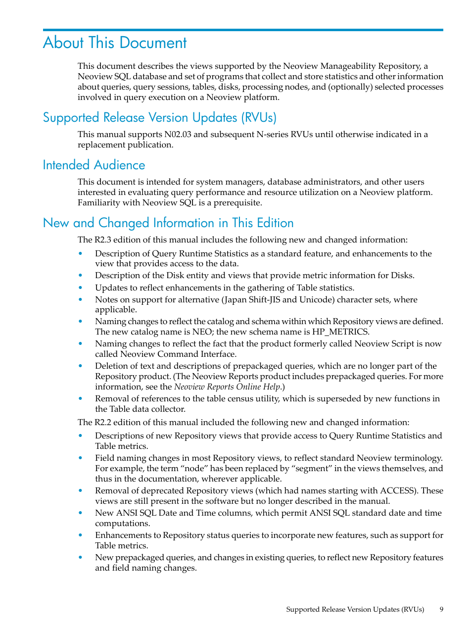 About this document, Supported release version updates (rvus), Intended audience | New and changed information in this edition | HP Neoview Release 2.3 Software User Manual | Page 9 / 74