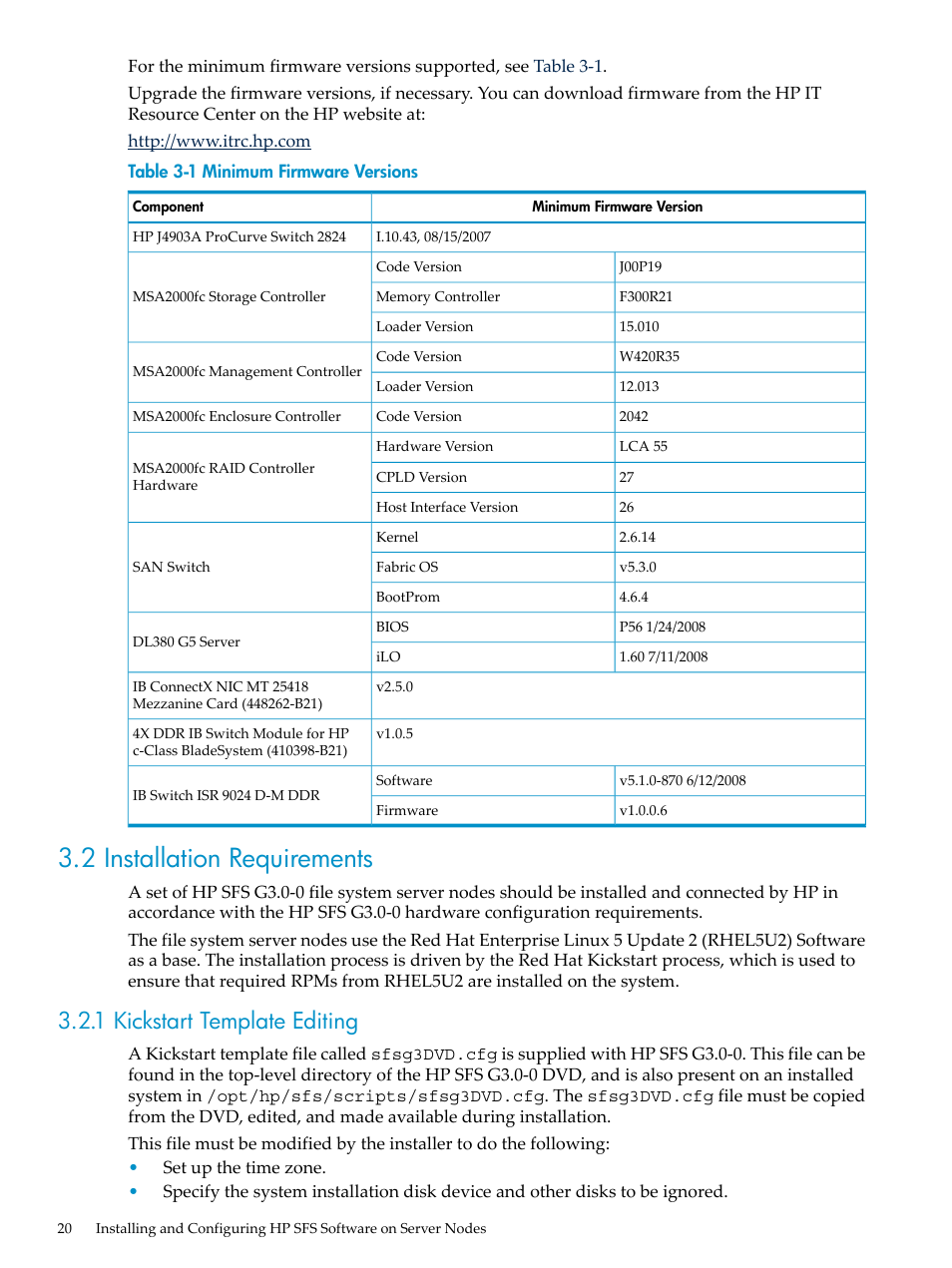 2 installation requirements, 1 kickstart template editing, Minimum firmware versions | HP StorageWorks Scalable File Share User Manual | Page 20 / 58