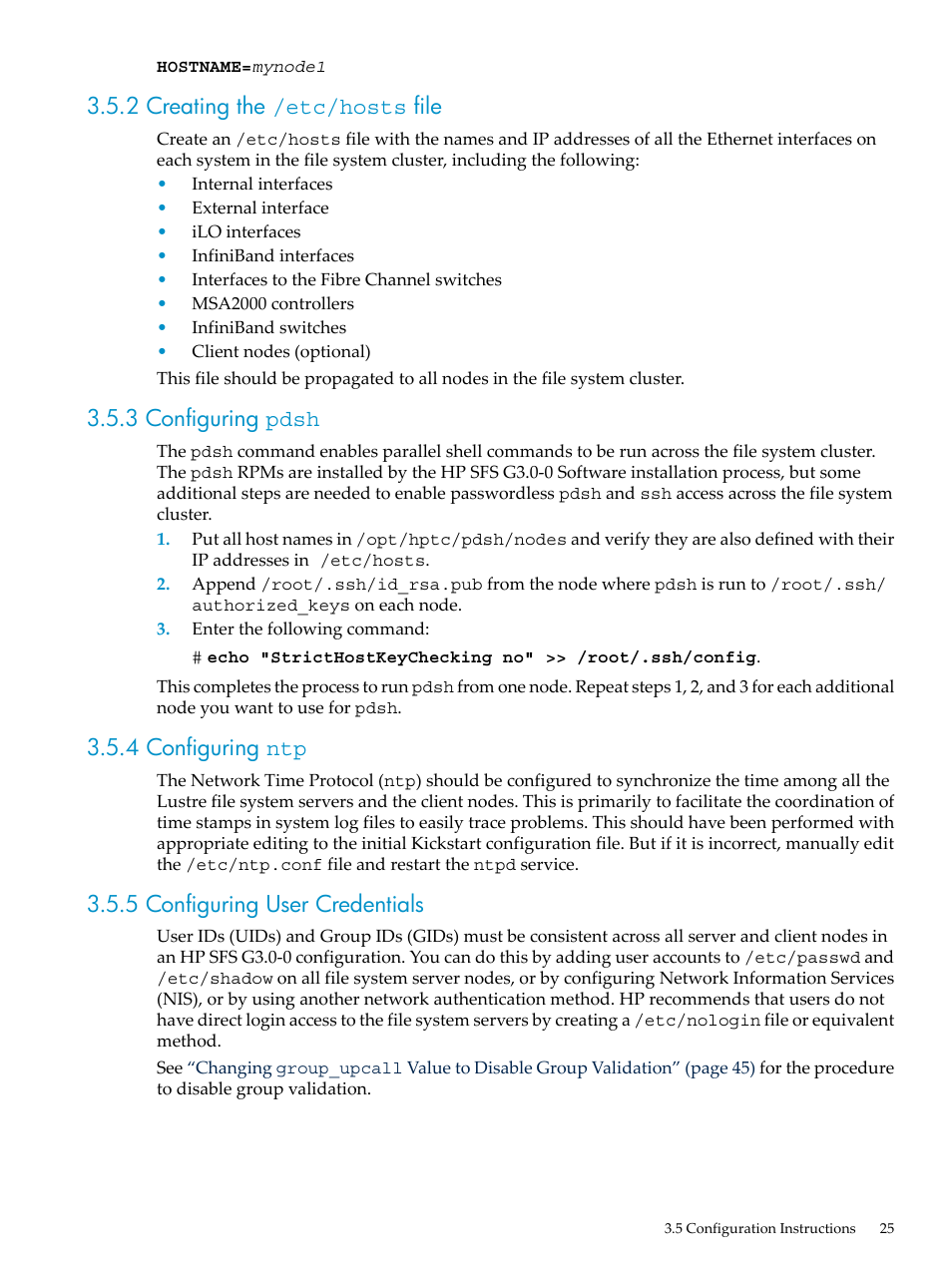 2 creating the /etc/​hosts file, 3 configuring pdsh, 4 configuring ntp | 5 configuring user credentials, 2 creating the /etc/hosts file | HP StorageWorks Scalable File Share User Manual | Page 25 / 58