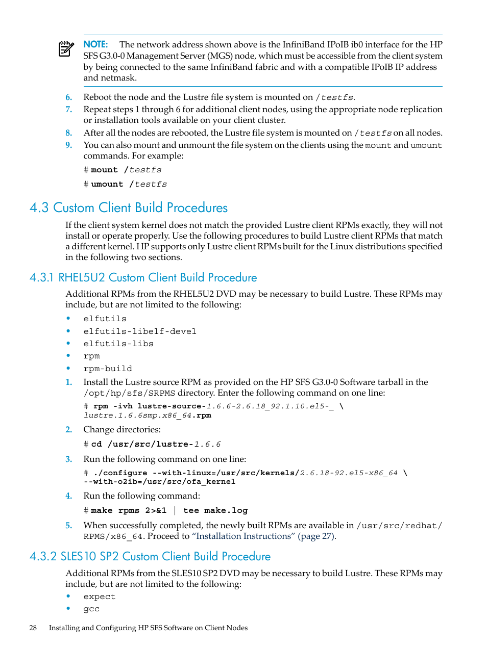 3 custom client build procedures, 1 rhel5u2 custom client build procedure, 2 sles10 sp2 custom client build procedure | HP StorageWorks Scalable File Share User Manual | Page 28 / 58