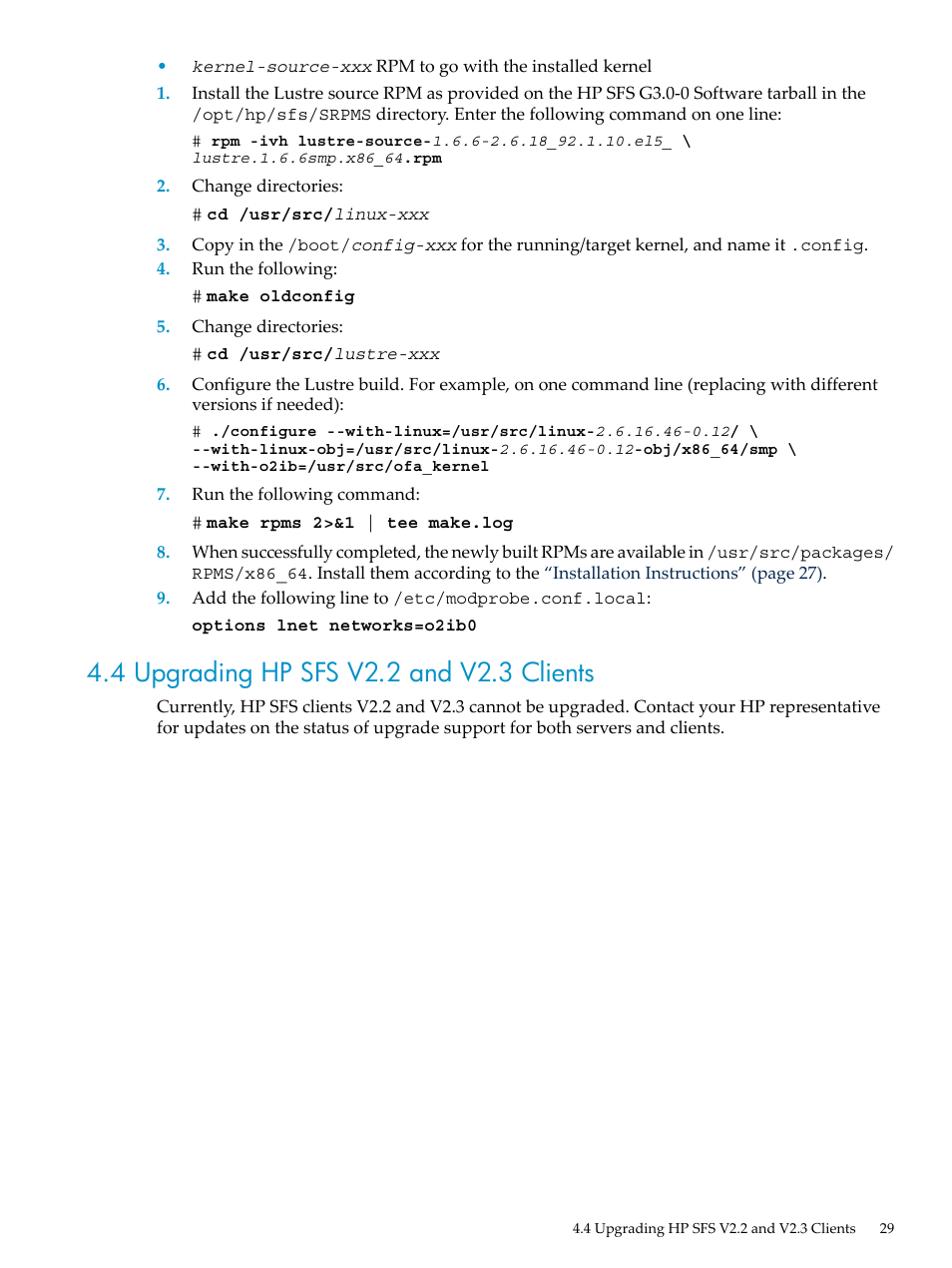 4 upgrading hp sfs v2.2 and v2.3 clients | HP StorageWorks Scalable File Share User Manual | Page 29 / 58