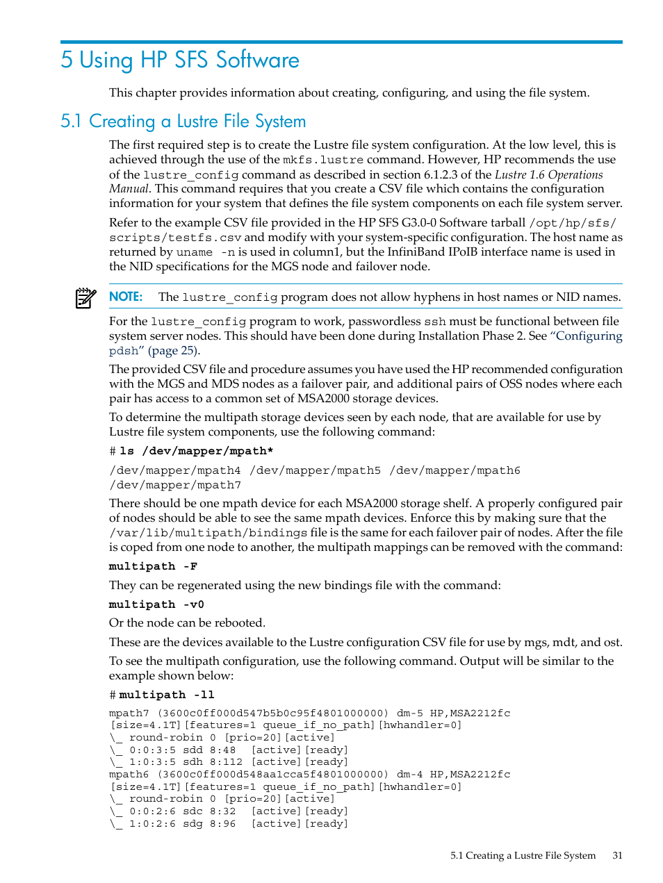 5 using hp sfs software, 1 creating a lustre file system | HP StorageWorks Scalable File Share User Manual | Page 31 / 58