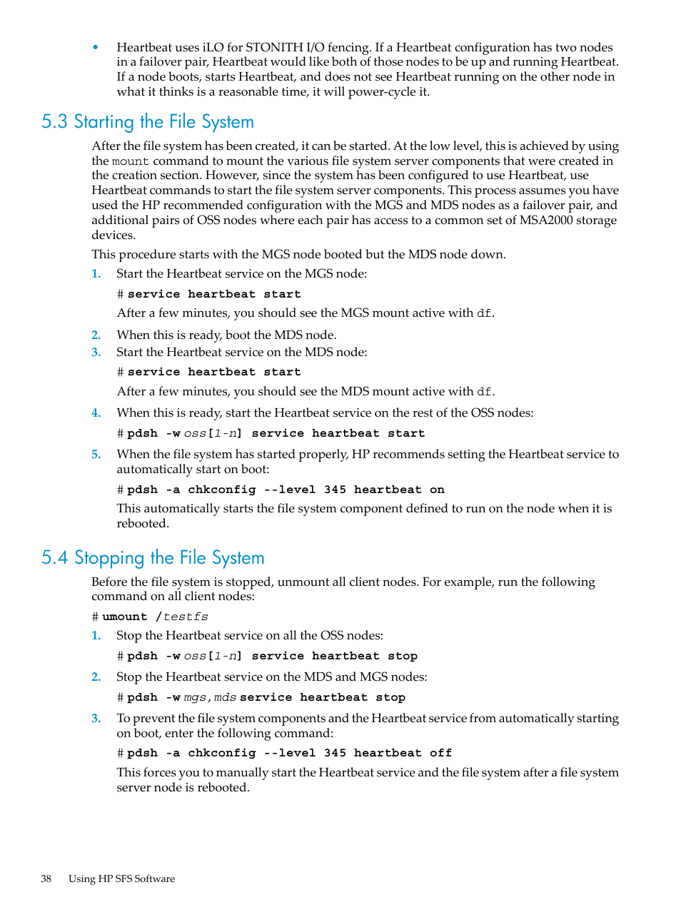 3 starting the file system, 4 stopping the file system | HP StorageWorks Scalable File Share User Manual | Page 38 / 58