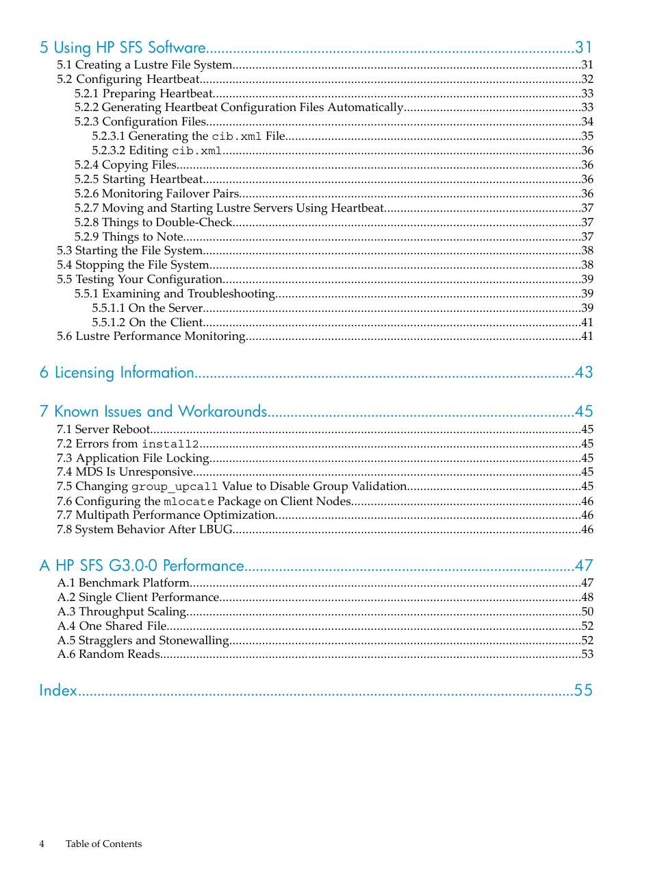 5 using hp sfs software, A hp sfs g3.0-0 performance, Index | HP StorageWorks Scalable File Share User Manual | Page 4 / 58