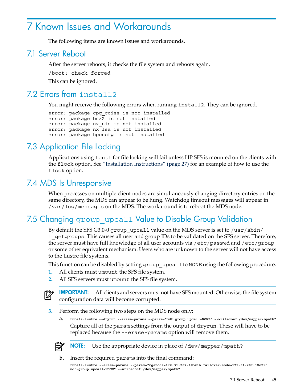 7 known issues and workarounds, 1 server reboot, 2 errors from install2 | 3 application file locking, 4 mds is unresponsive, Errors | HP StorageWorks Scalable File Share User Manual | Page 45 / 58