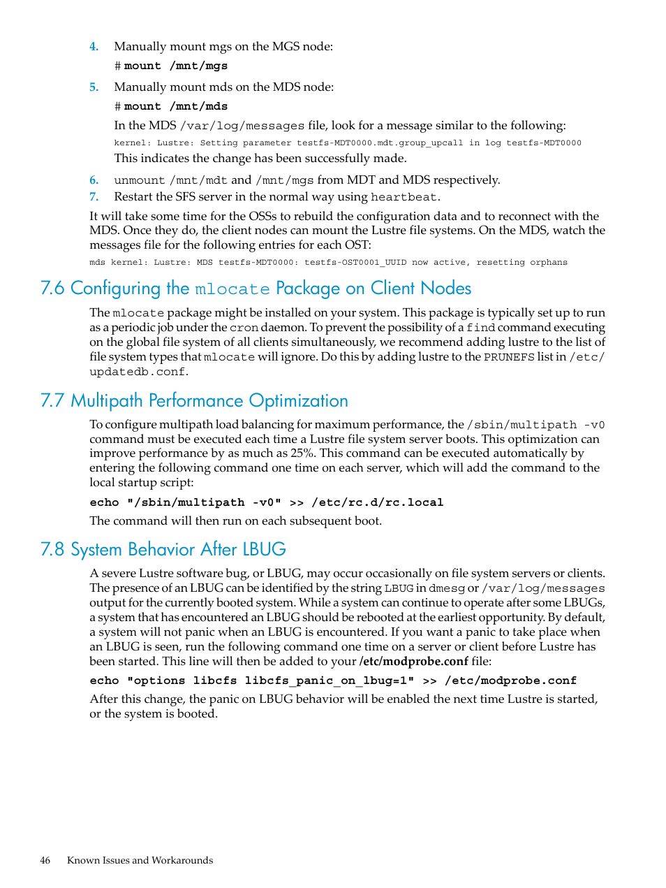 6 configuring the mlocate package on client nodes, 7 multipath performance optimization, 8 system behavior after lbug | HP StorageWorks Scalable File Share User Manual | Page 46 / 58